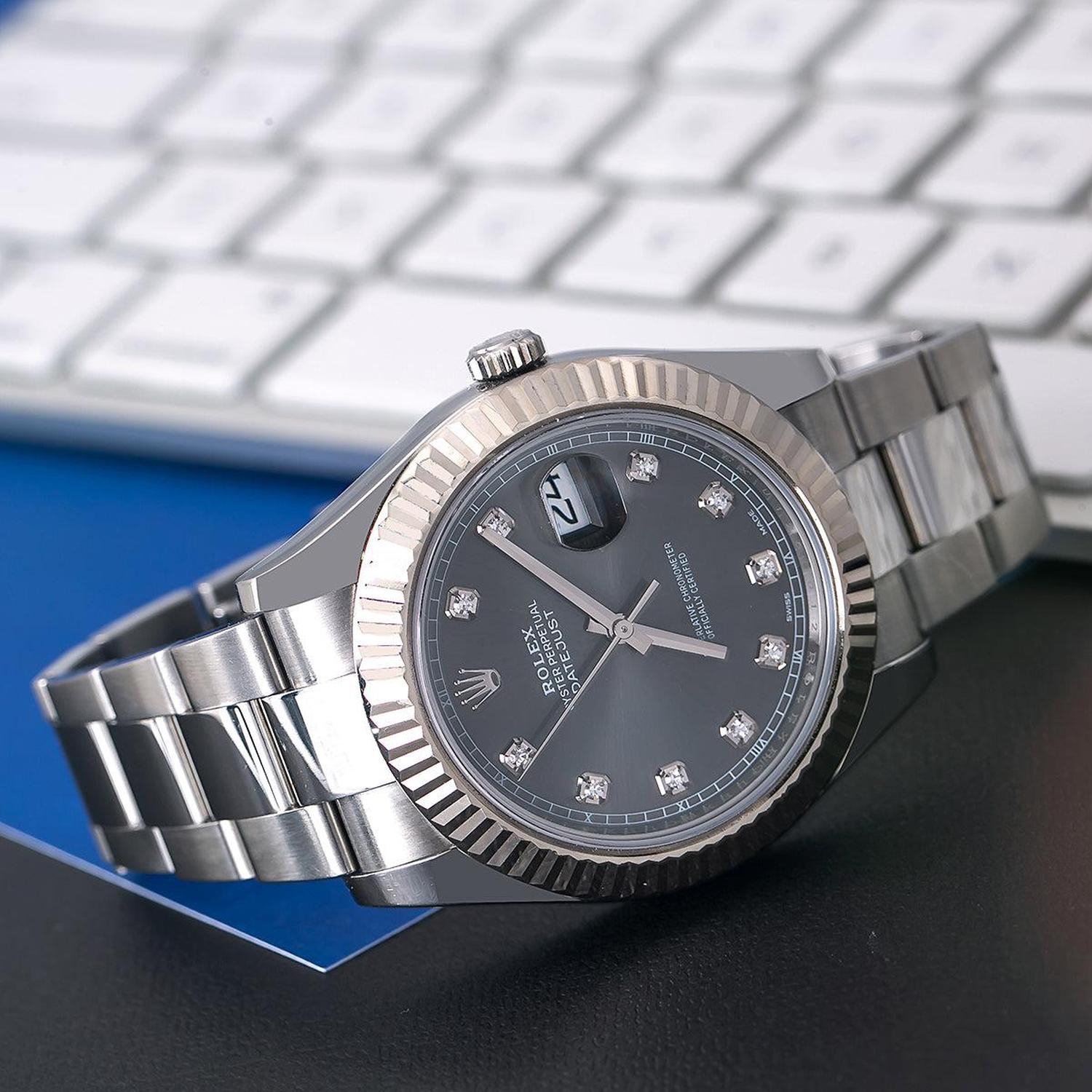 Rolex Datejust 41MM 116334 Slate Gray Diamond Dial Fluted Bezel Stainless Steel Oyster Bracelet