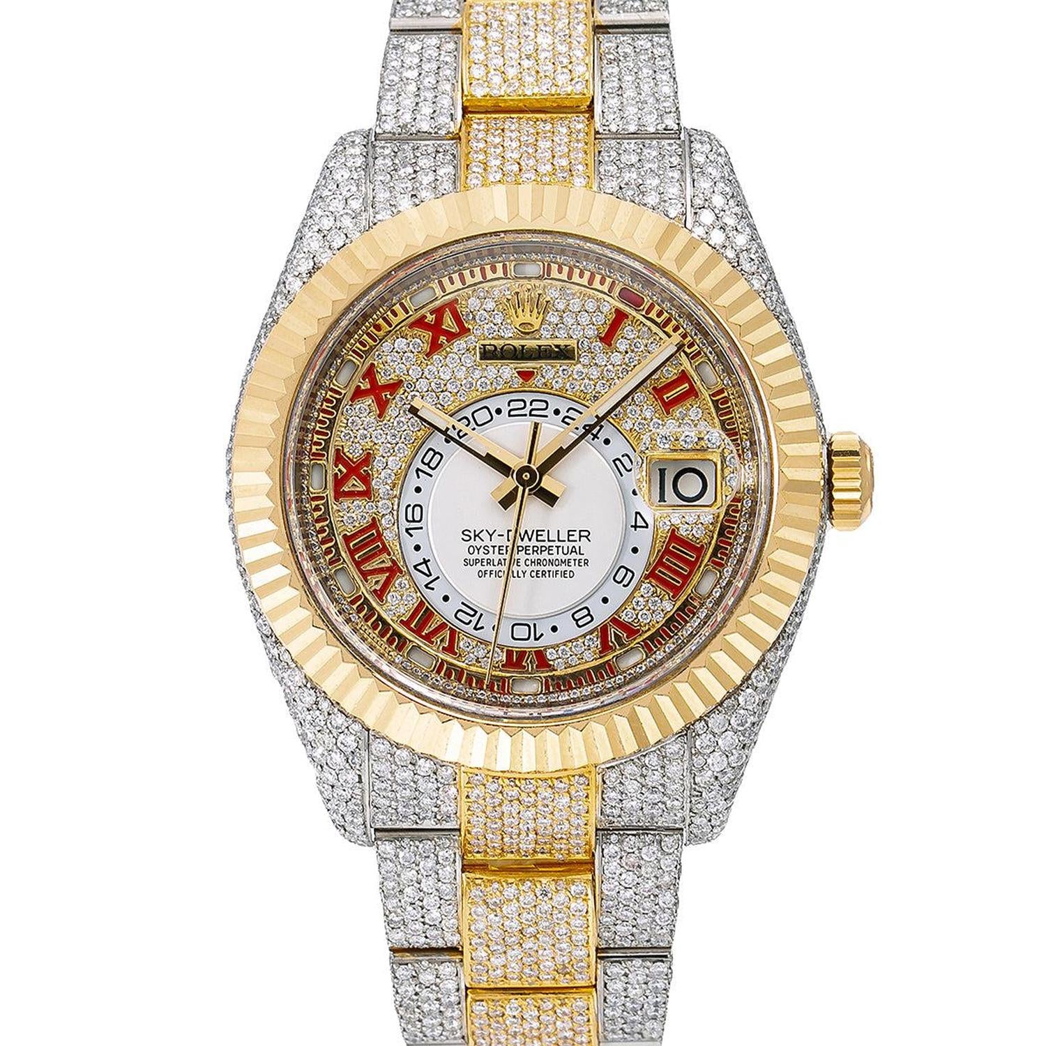 Rolex Sky-Dweller 42MM 326933 Diamond Paved Red Roman Dial Yellow Gold Fluted Bezel Two Tone Full Diamond Oyster Bracelet 25.75ct