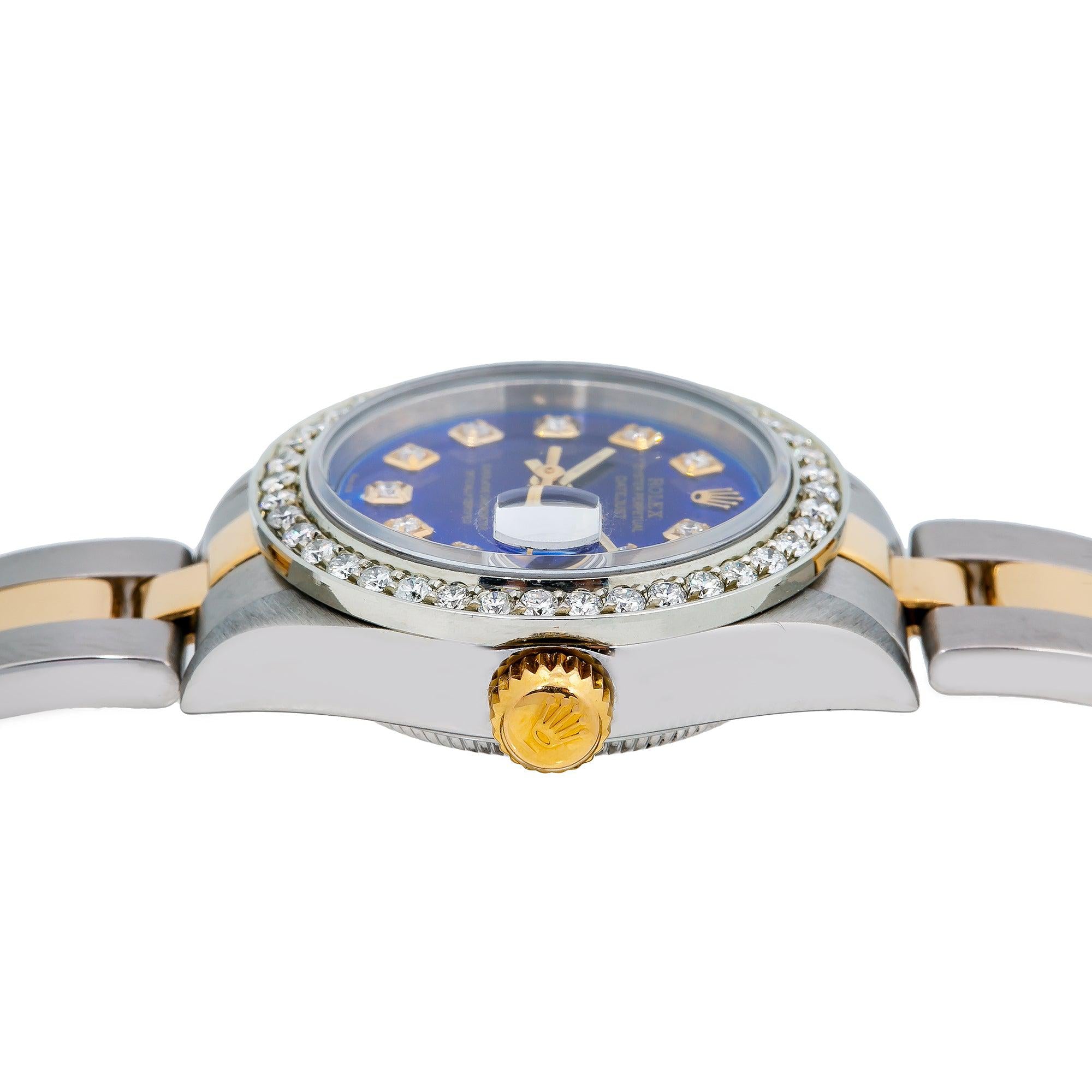 Rolex Datejust 26MM 69173 Blue Diamond Dial Diamond Bezel Two Tone Yellow Gold Oyster Bracelet