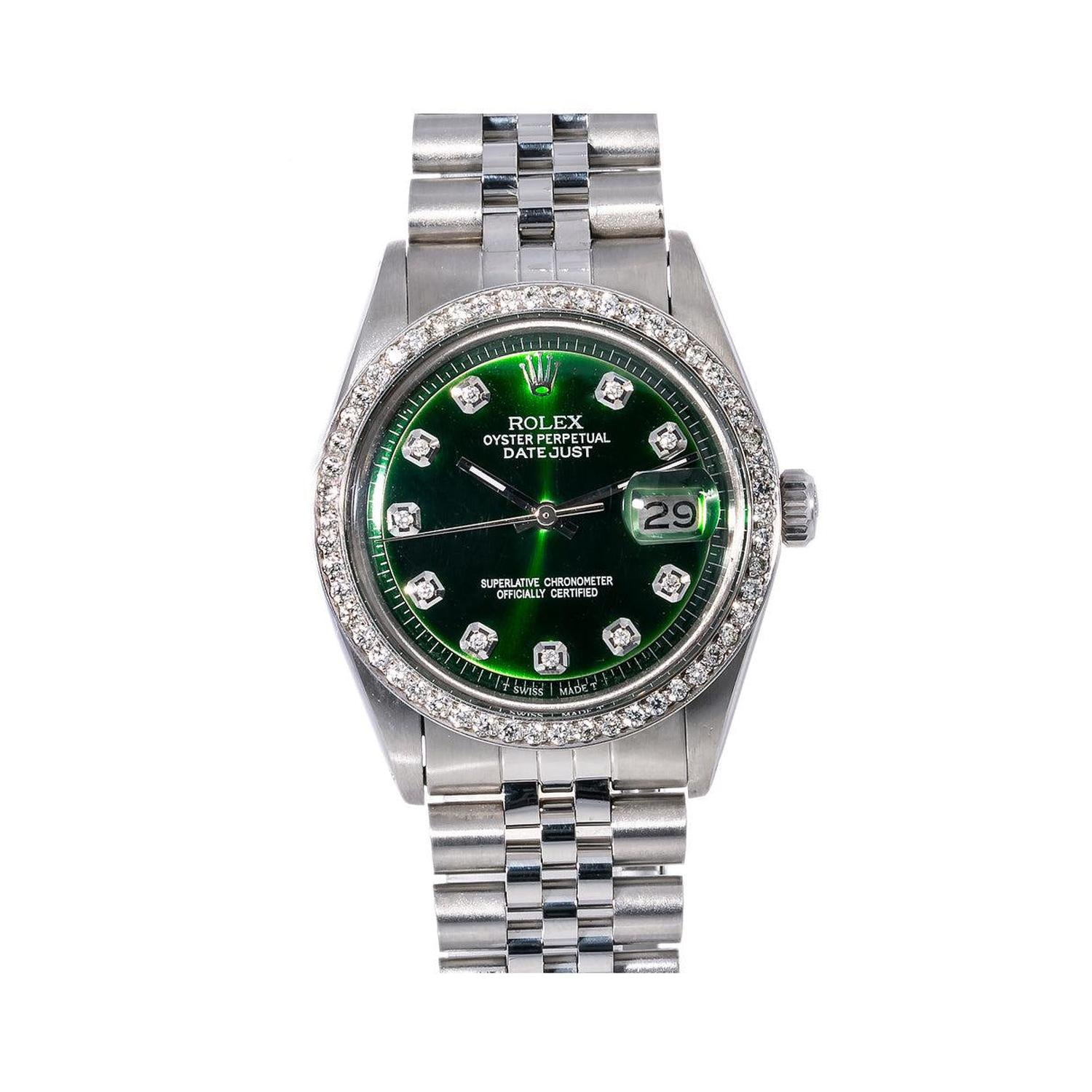 Rolex Datejust 36MM 1601 Green Diamond Dial Diamond Bezel Stainless Steel Jubilee Bracelet 1.2ct