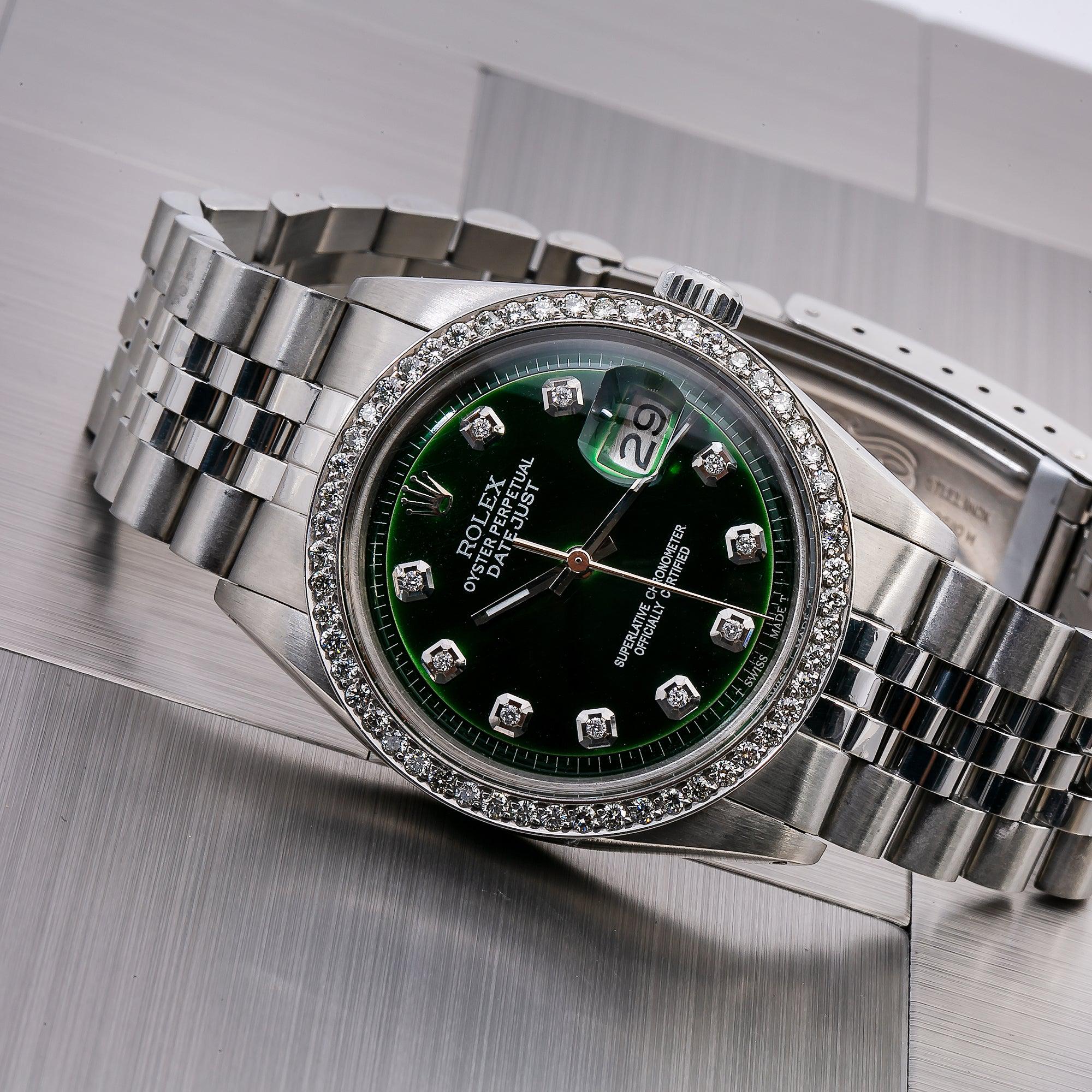 Rolex Datejust 36MM 1601 Green Diamond Dial Diamond Bezel Stainless Steel Jubilee Bracelet 1.2ct