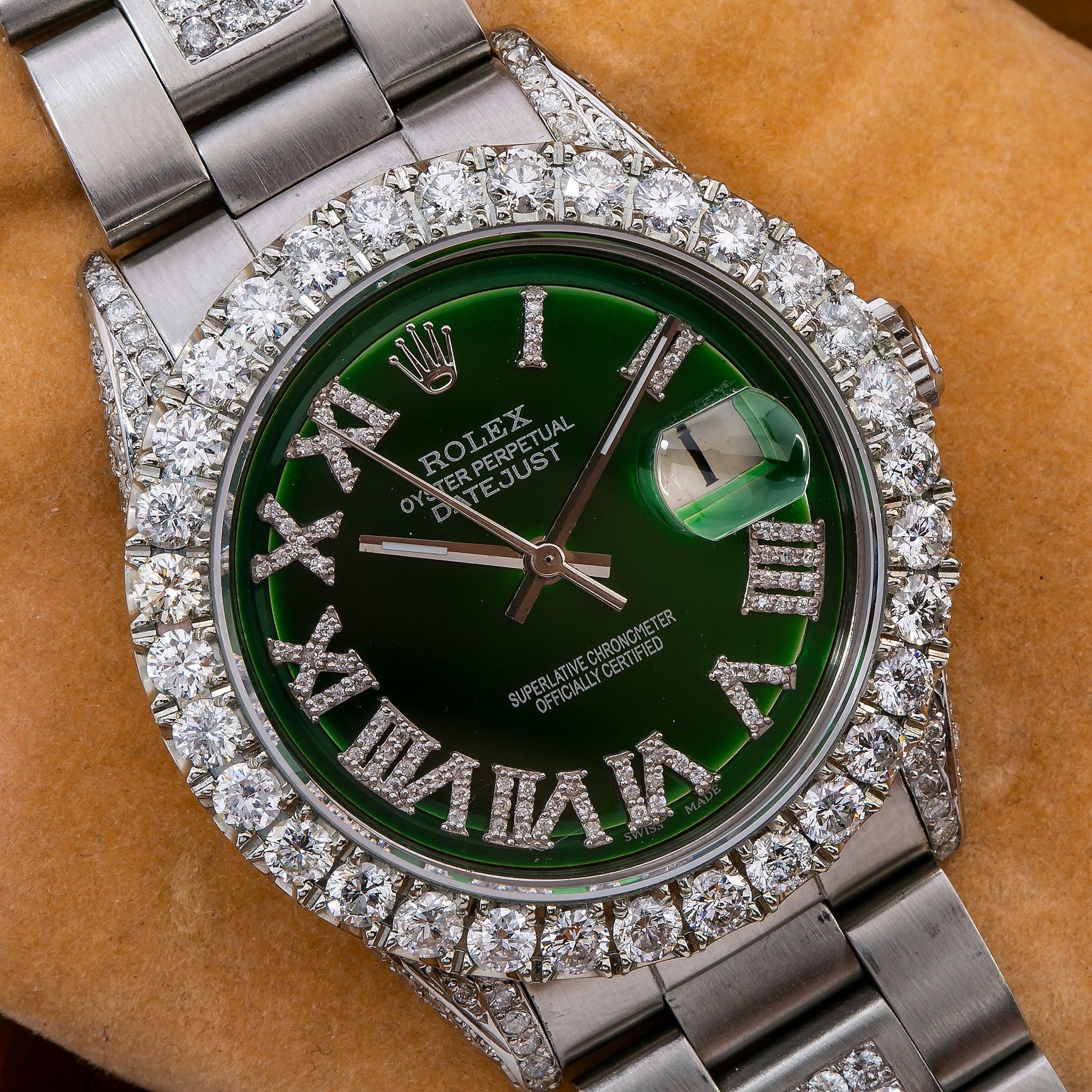 Rolex Datejust 36MM 6605 Green Roman Diamond Dial Diamond Bezel Stainless Steel Semi Diamond Oyster Bracelet 8.25ct