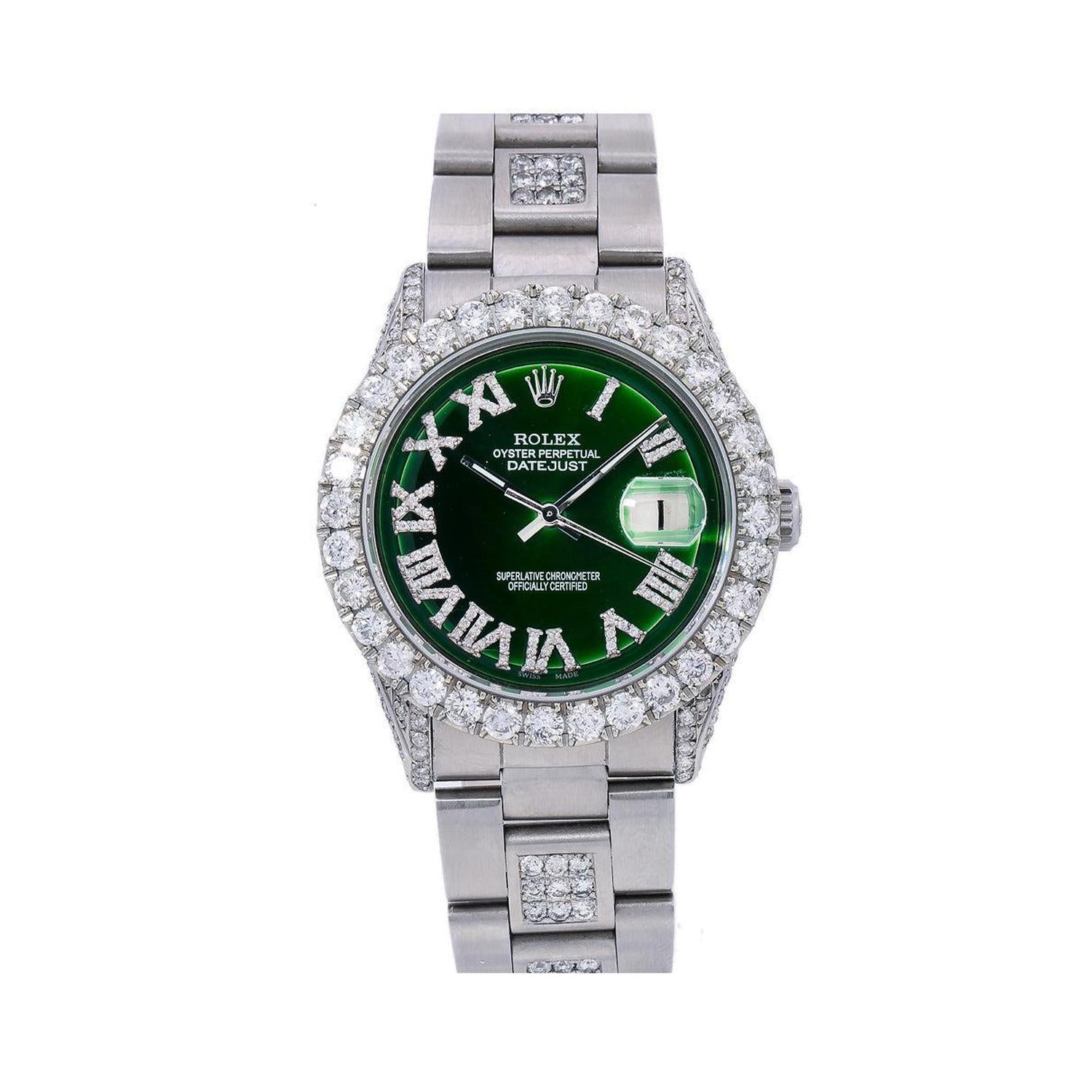 Rolex Datejust 36MM 6605 Green Roman Dial Diamond Bezel Stainless Steel Semi Diamond Oyster Bracelet 8.25ct