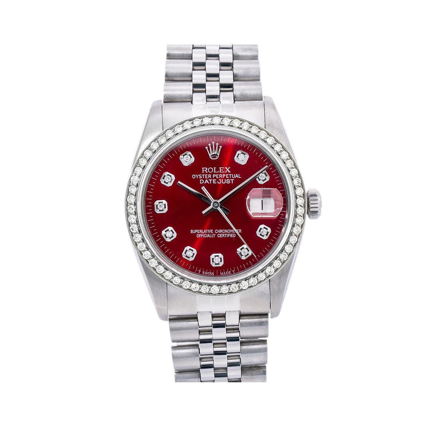 Rolex Datejust 36MM 16014 Red Diamond Dial Diamond Bezel Stainless Steel Jubilee Bracelet 1.2ct