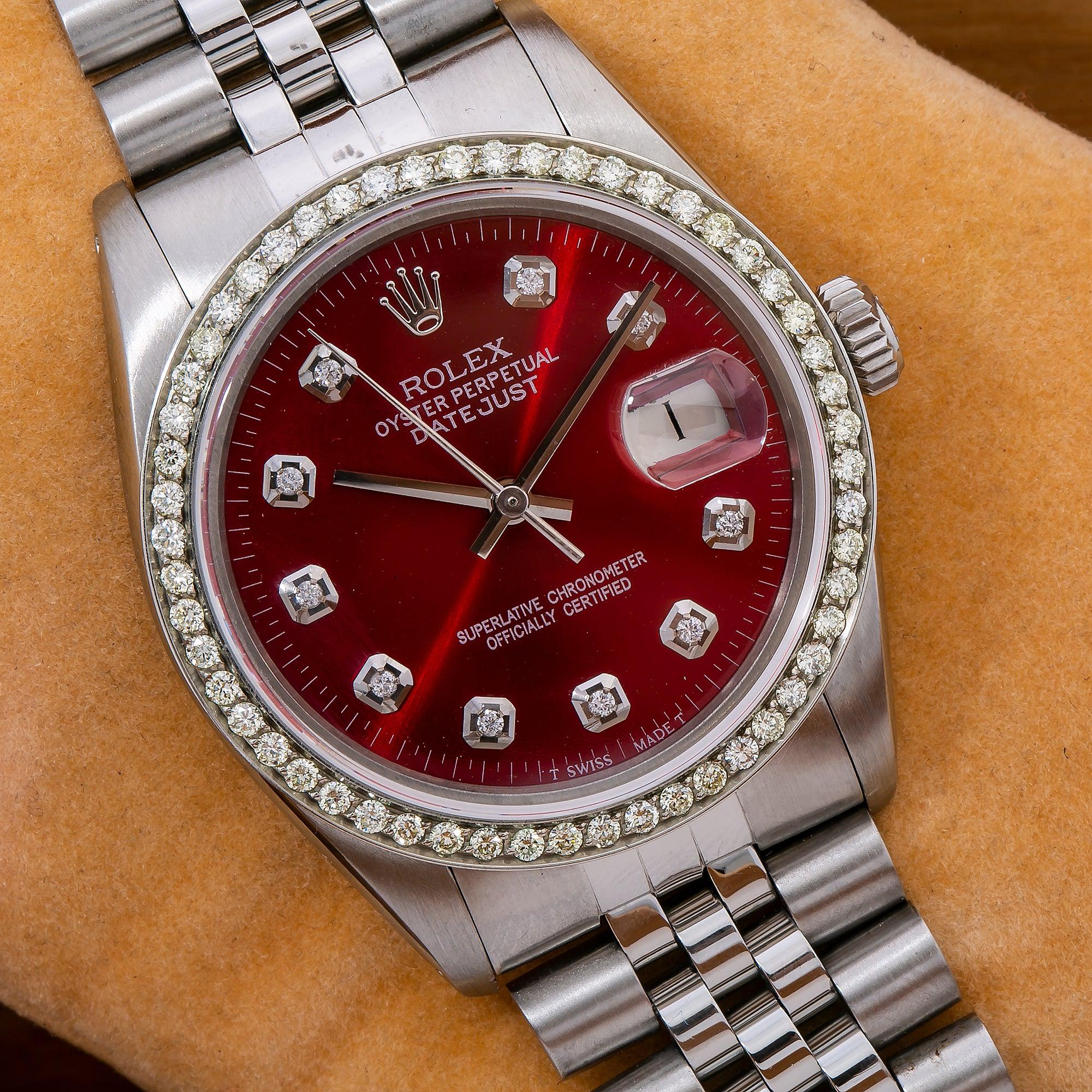 Rolex Datejust 36MM 16014 Red Diamond Dial Diamond Bezel Stainless Steel Jubilee Bracelet 1.2ct
