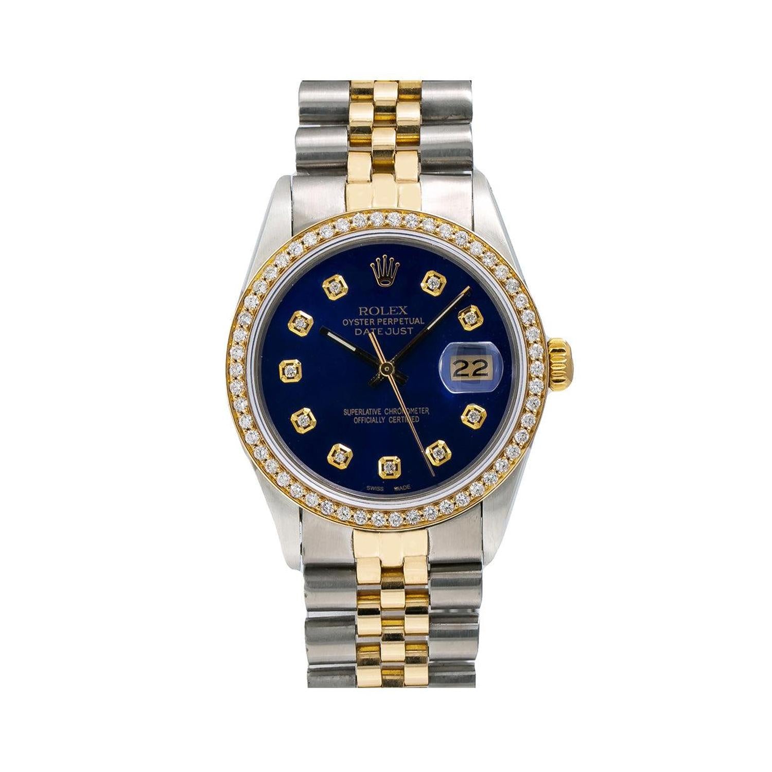 Rolex Datejust 36MM 16013 Blue Diamond Dial Diamond Bezel Two Tone Jubilee Bracelet 1.2ct