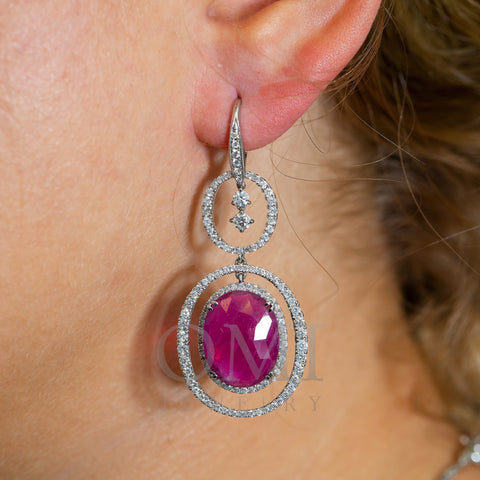 18K White Gold Ladies Round Shaped Earrings With Ruby And Diamonds