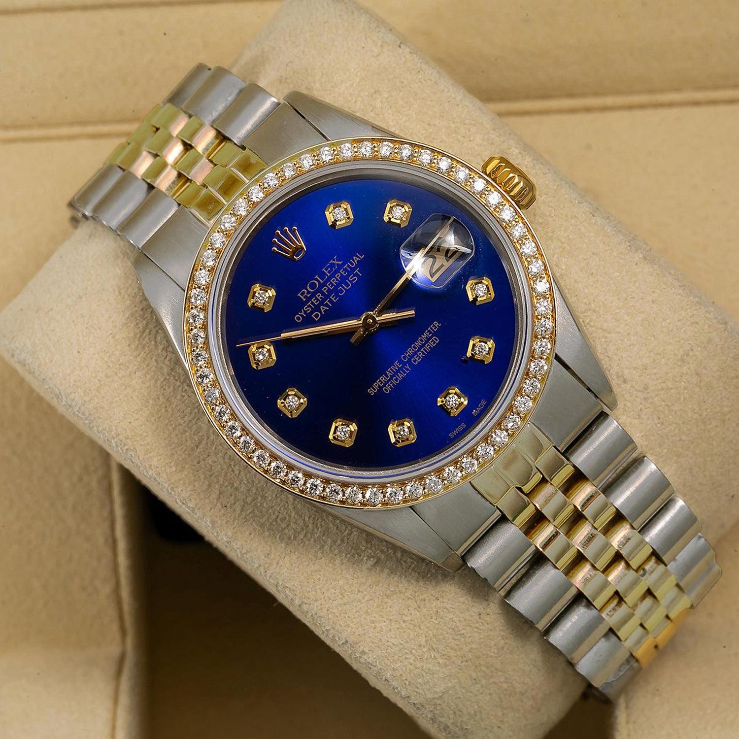Rolex Datejust 36MM 16013 Blue Diamond Dial Diamond Bezel Two Tone Yellow Gold Jubilee Bracelet 1.2ct