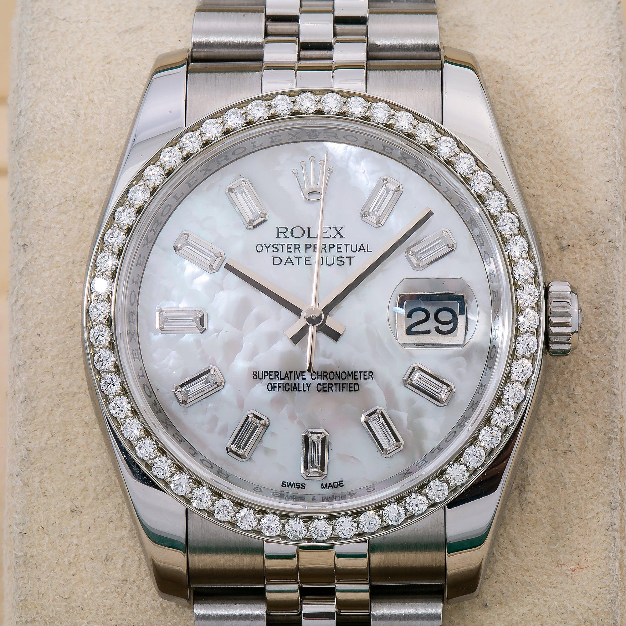 Rolex Datejust 36MM 116200 White Mother of Pearl Baguette Diamond Dial Diamond Bezel Stainless Steel Jubilee Bracelet 1.75ct