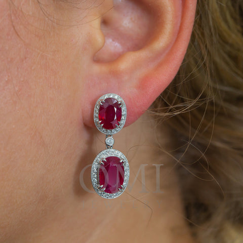 18K White Gold Ladies Round  Shaped  Earrings With Ruby And Diamonds