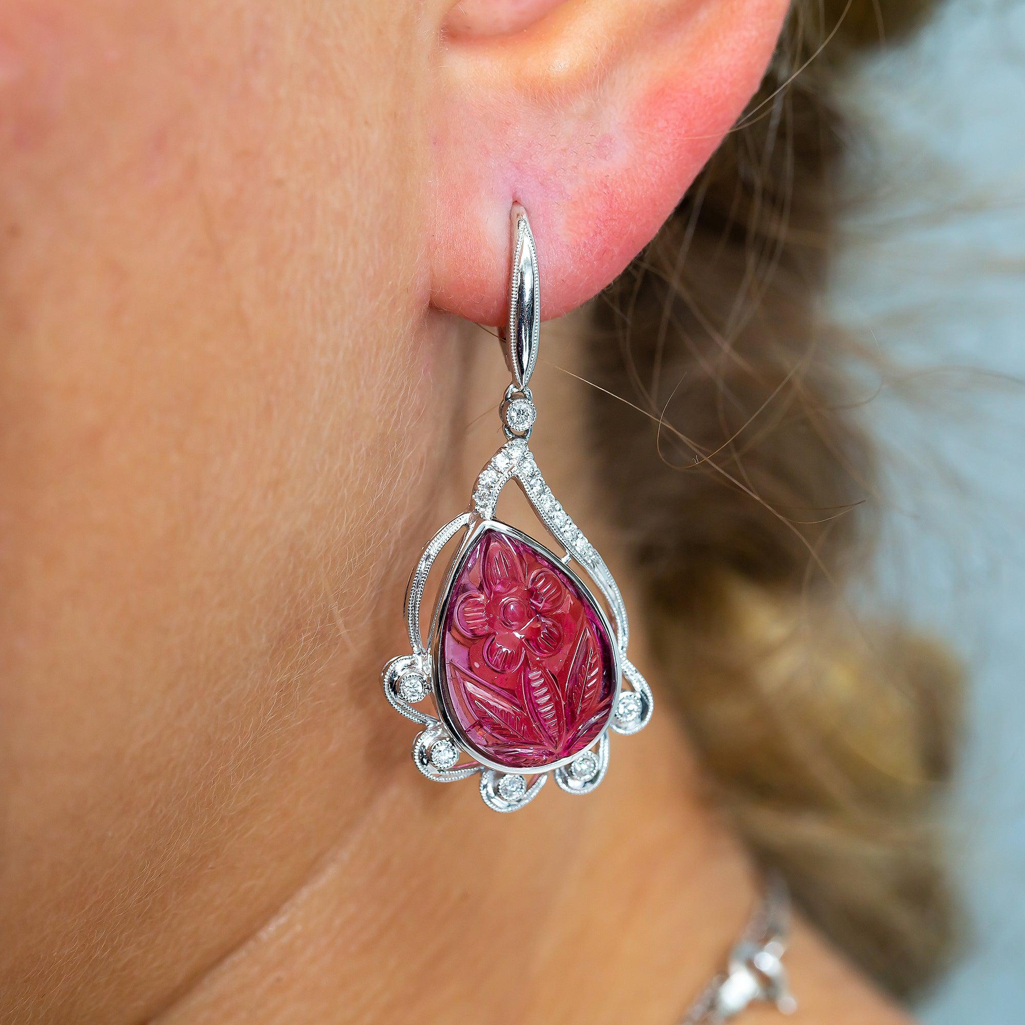 18K White Gold Ladies Earrings With Rubies And Diamonds