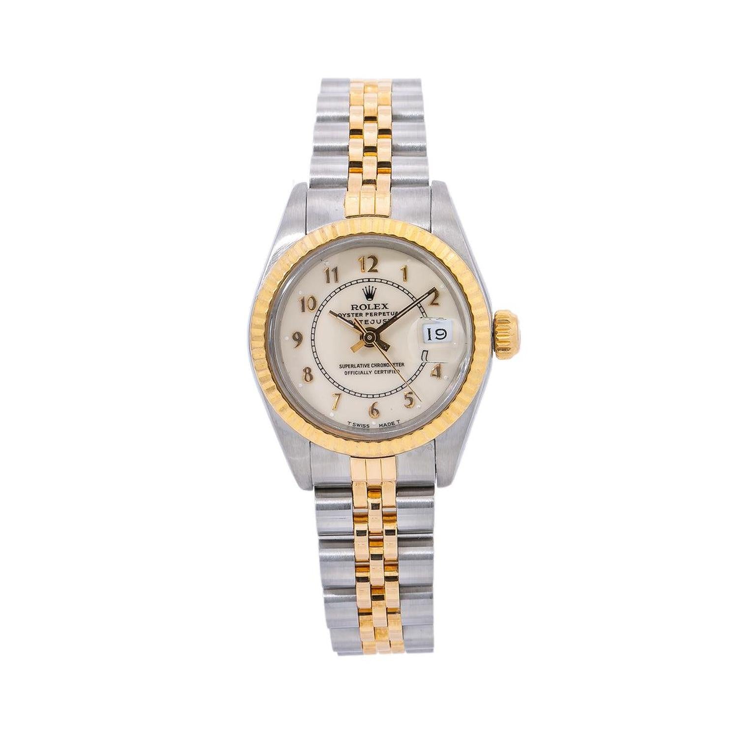 Rolex Datejust 26MM 69173 White Arabic Dial Yellow Gold Fluted Bezel Two Tone Jubilee Bracelet