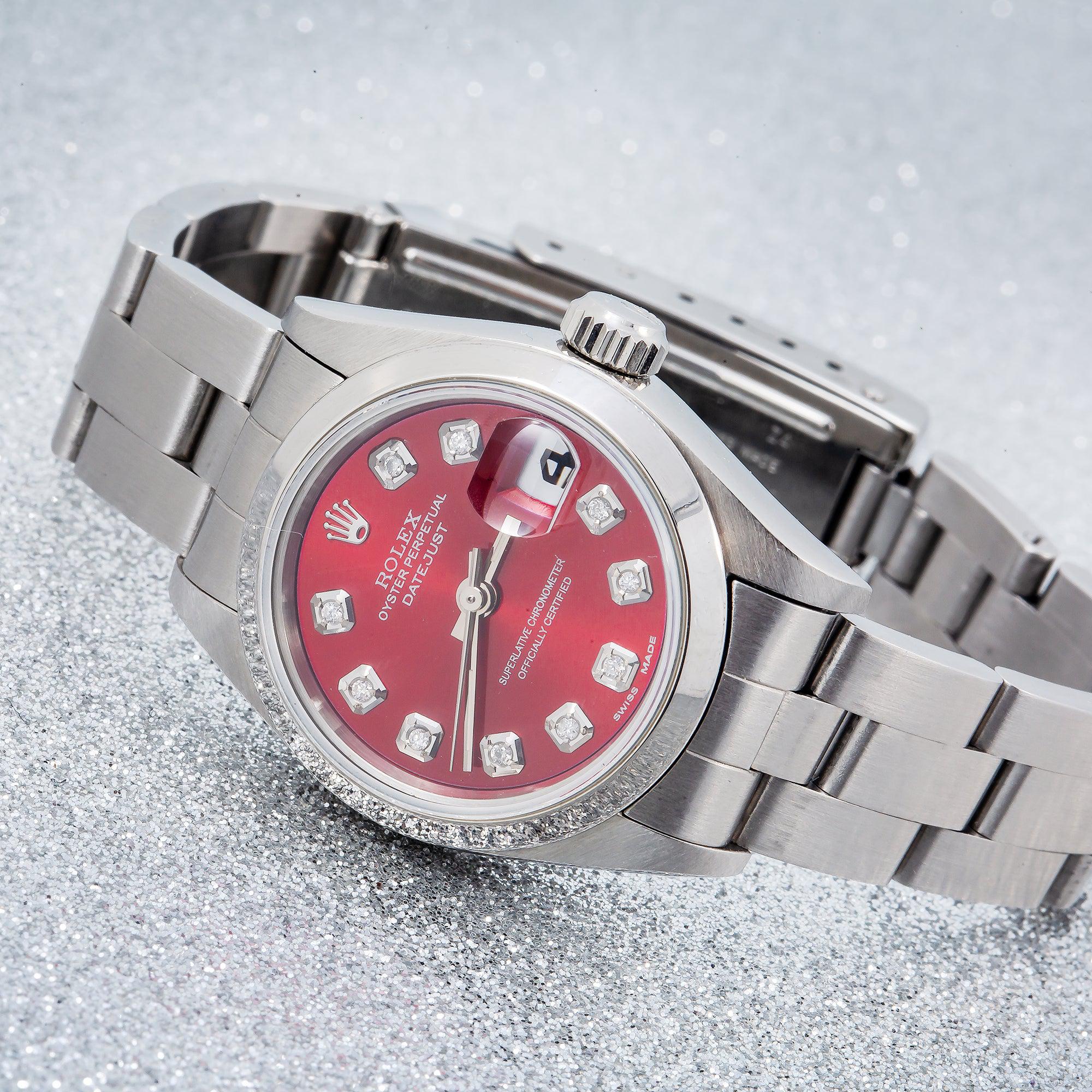 Rolex Datejust 26MM 69160 Red Diamond Dial Smooth Bezel Stainless Steel Oyster Bracelet