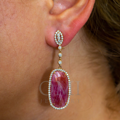 18K Rose Gold Ladies Earrings With Ruby And Diamonds