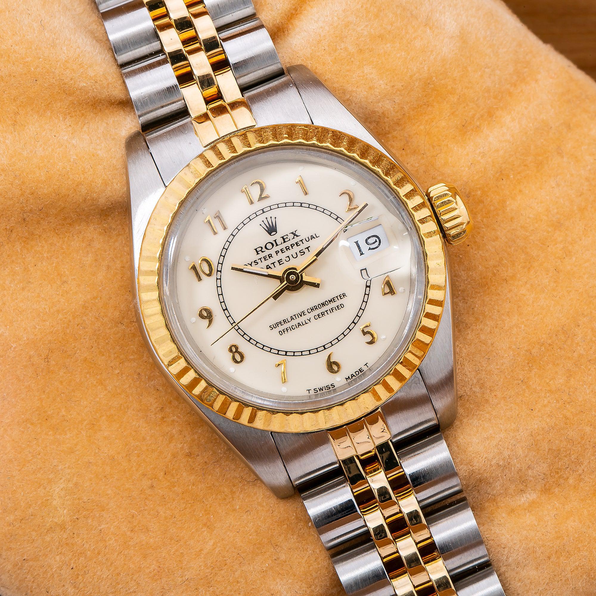 Rolex Datejust 26MM 69173 White Arabic Dial Fluted Bezel Two Tone Yellow Gold Jubilee Bracelet