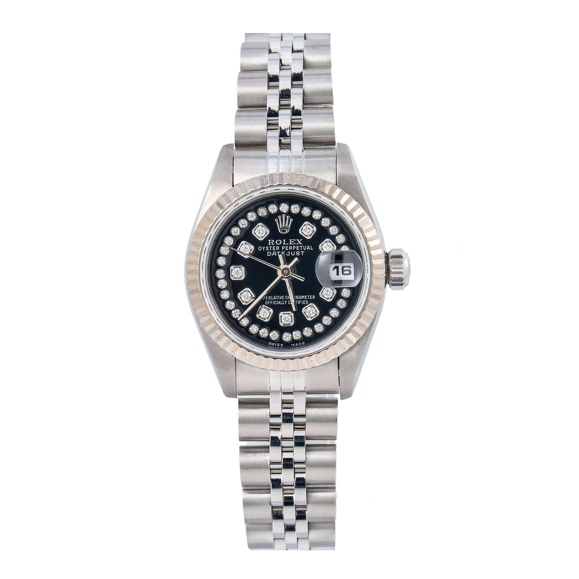 Rolex Datejust 26MM 69174 Black Diamond Dial White Gold Fluted Bezel Stainless Steel Jubilee Bracelet