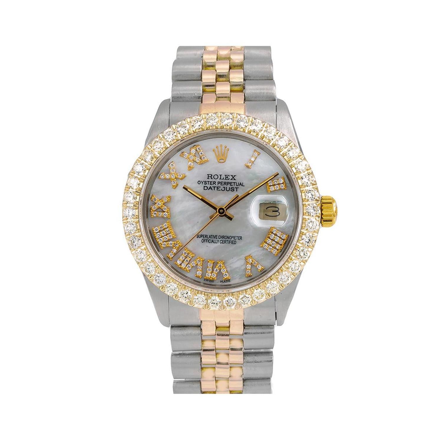 Rolex Datejust 36MM 16013 Mother of Pearl Roman Dial Diamond Bezel Two Tone Jubilee Bracelet 3.75ct