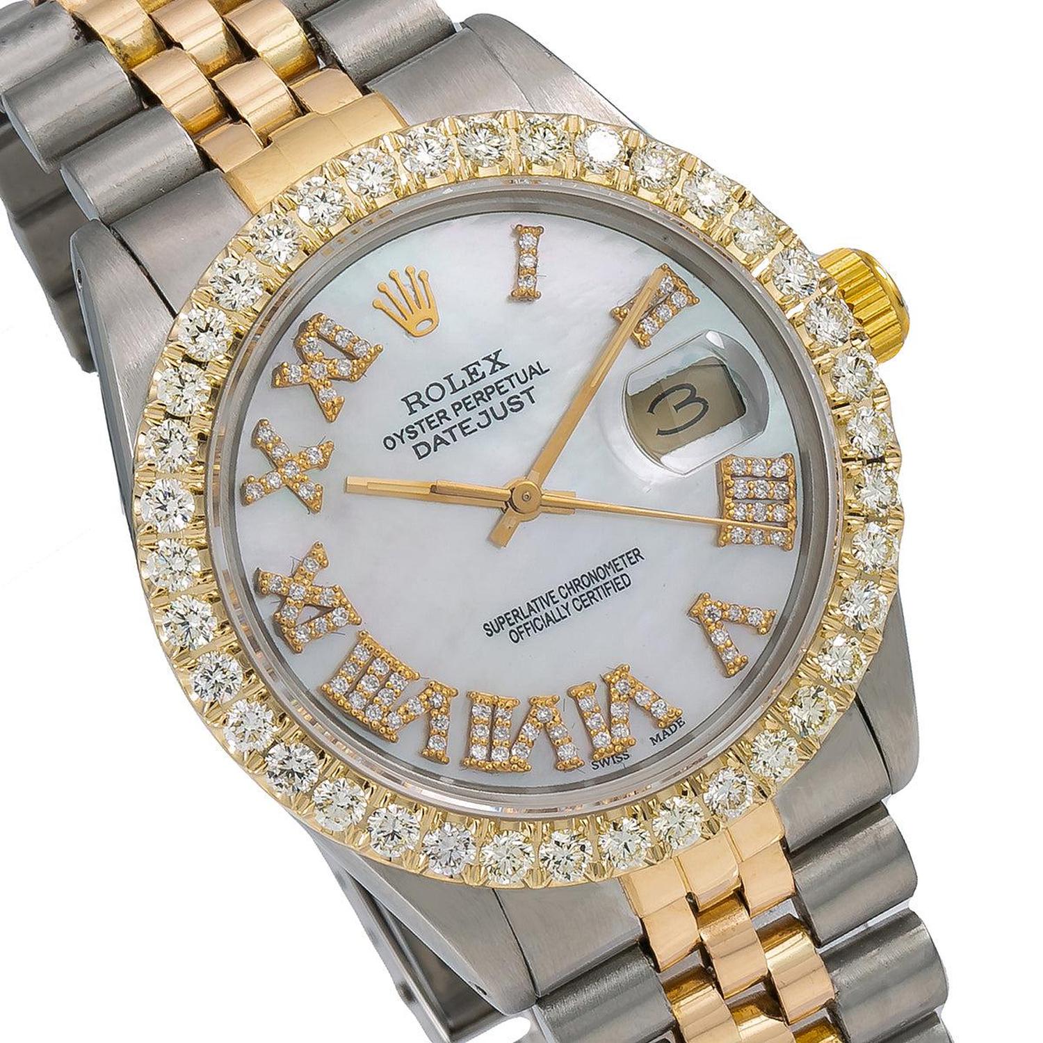 Rolex Datejust 36MM 16013 Mother of Pearl Roman Diamond Dial Diamond Bezel Two Tone Yellow Gold Jubilee Bracelet 3.75ct