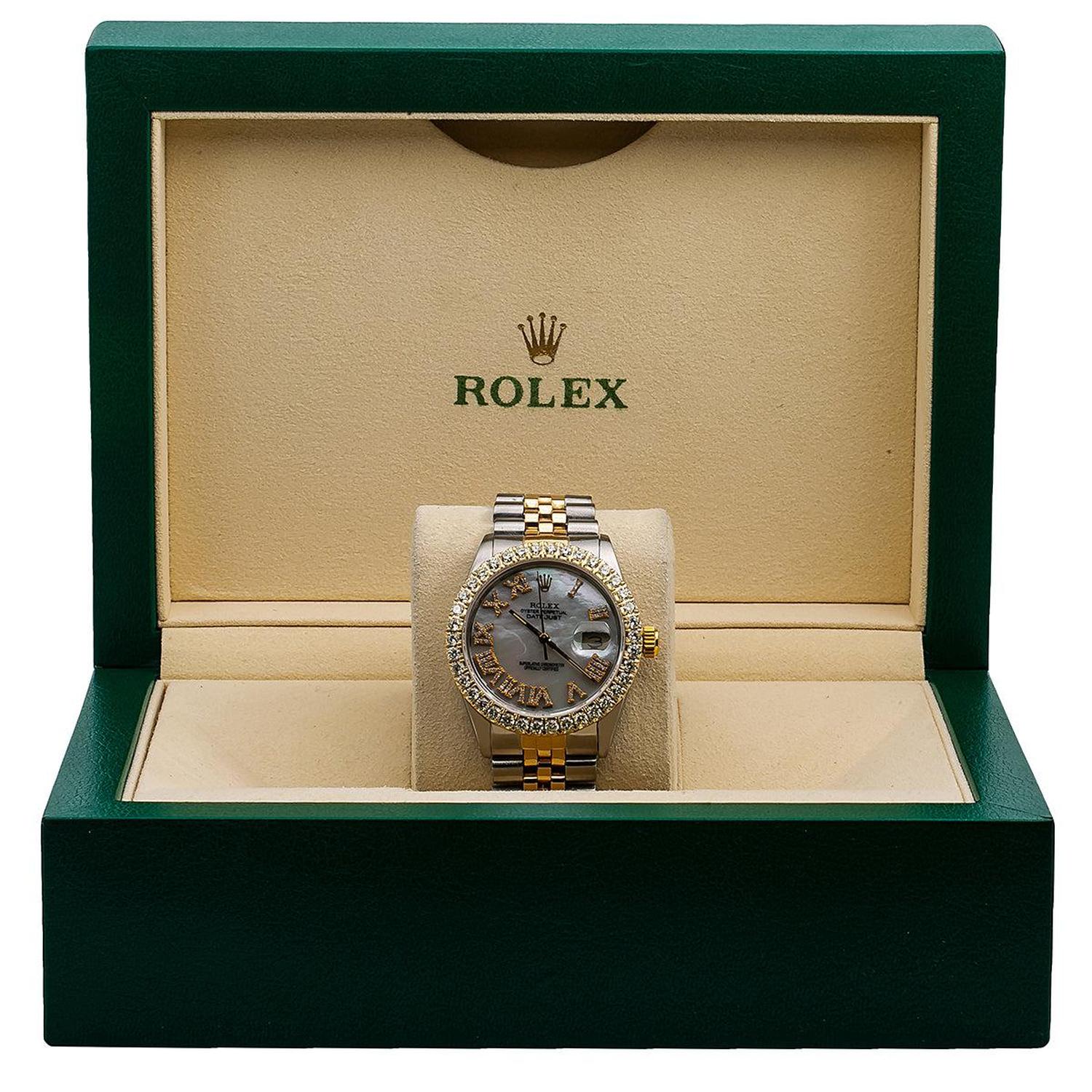 Rolex Datejust 36MM 16013 Mother of Pearl Roman Diamond Dial Diamond Bezel Two Tone Yellow Gold Jubilee Bracelet 3.75ct
