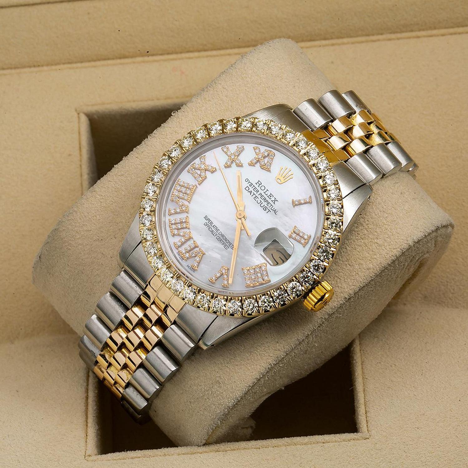 Rolex Datejust 36MM 16013 White Mother of Pearl Roman Diamond Dial Diamond Bezel Two Tone Yellow Gold Jubilee Bracelet 3.75ct
