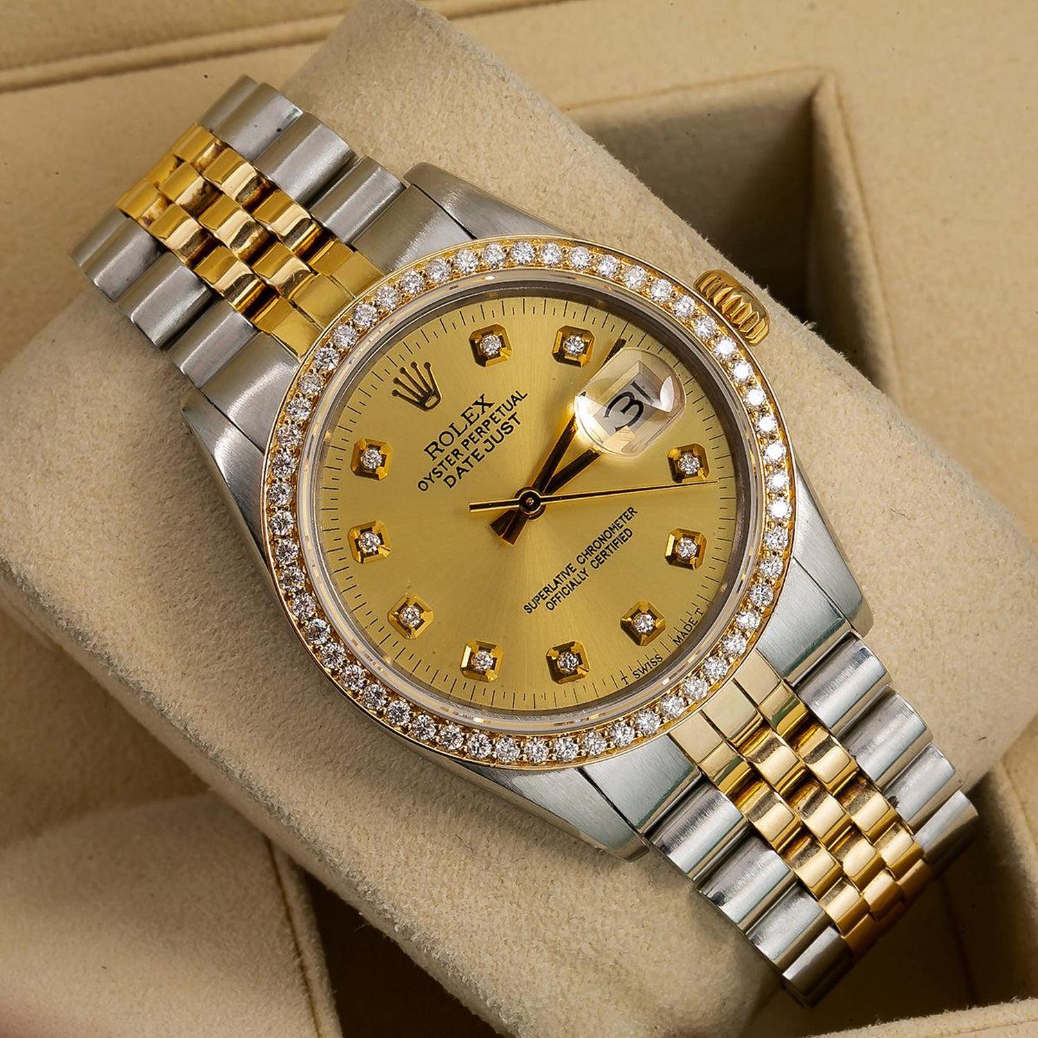 Rolex Datejust 36MM 16013 Champagne Diamond Dial Diamond Bezel Two Tone Yellow Gold Jubilee Bracelet 1.2ct