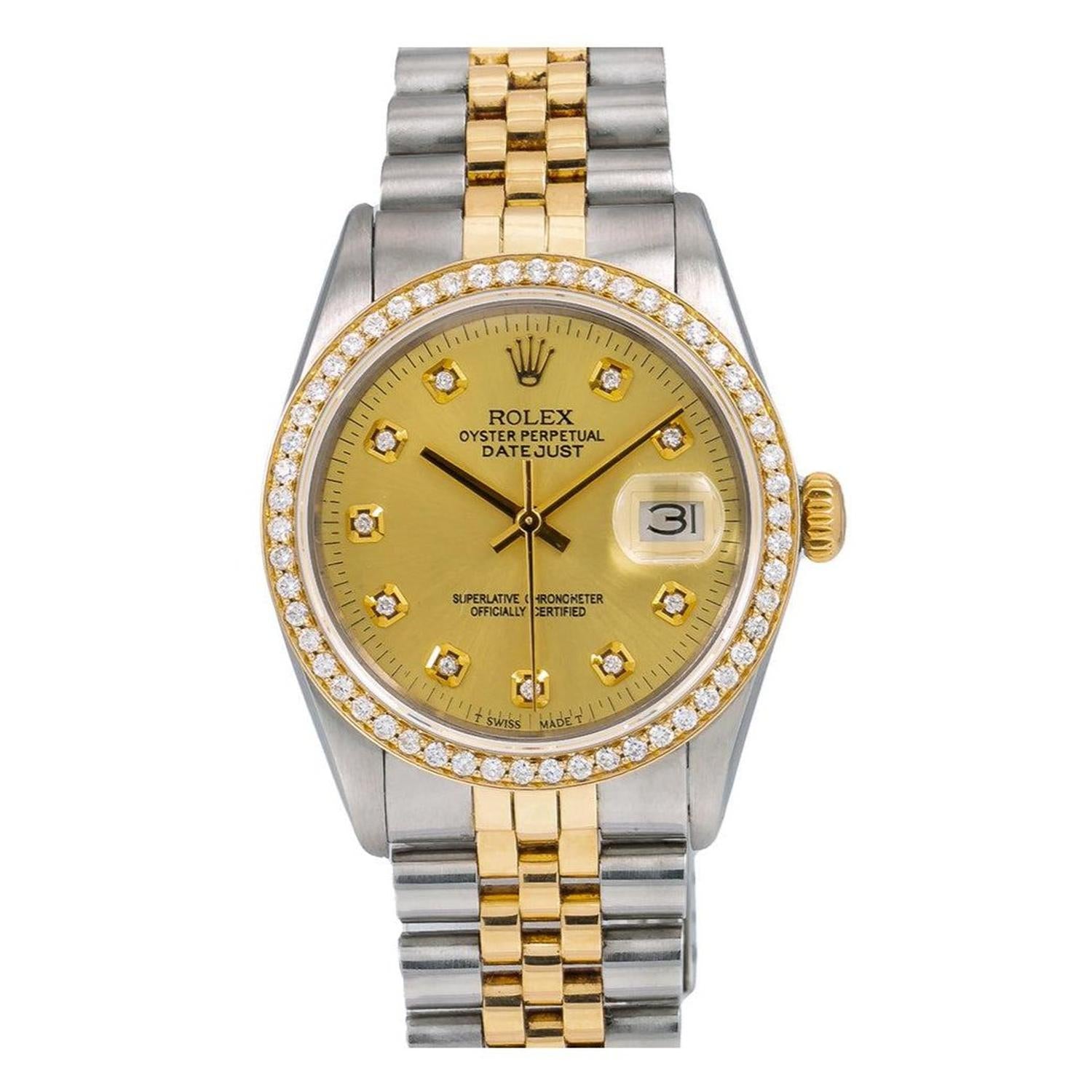 Rolex Datejust 36MM 16013 Champagne Diamond Dial Diamond Bezel Two Tone Jubilee Bracelet 1.2ct