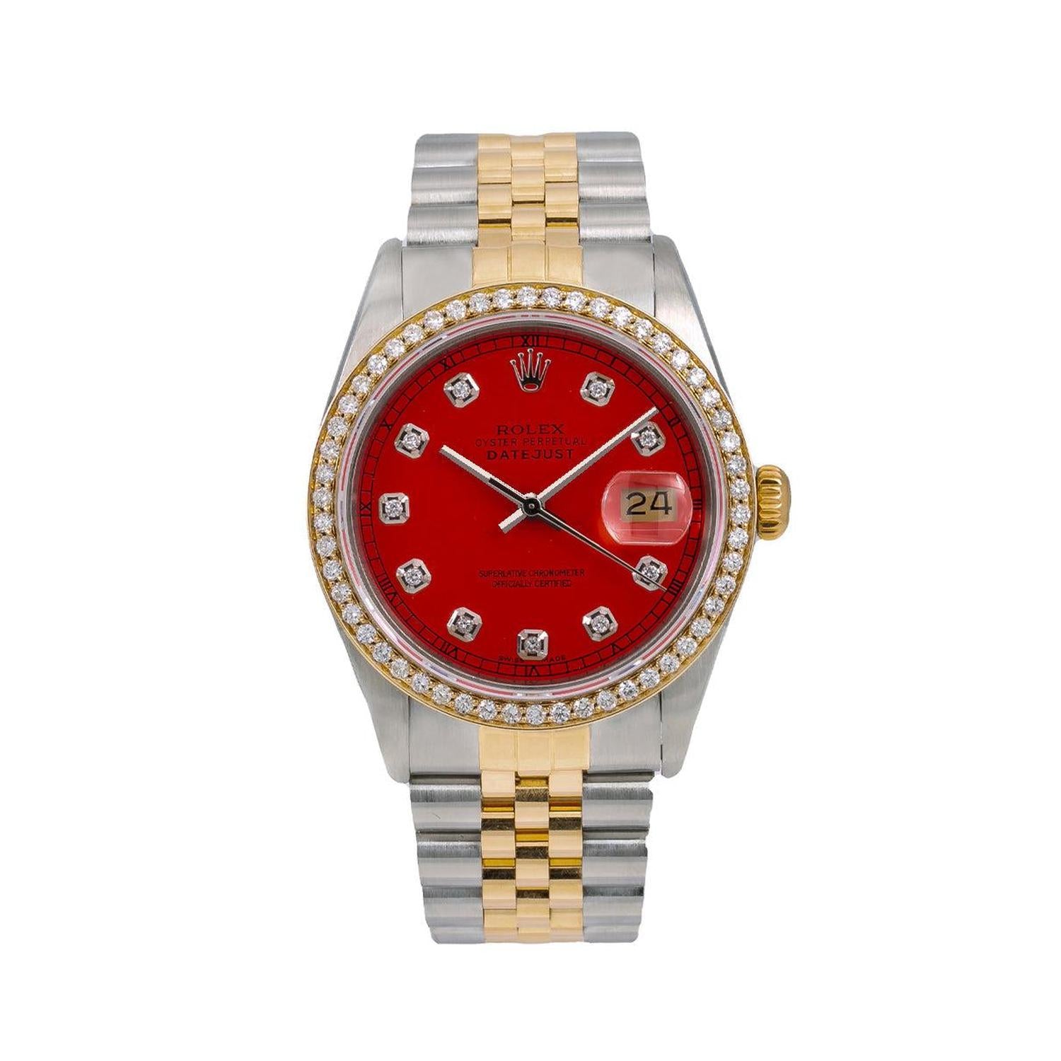 Rolex Datejust 36MM 16013 Red Diamond Dial Diamond Bezel Two Tone Jubilee Bracelet 1.2ct