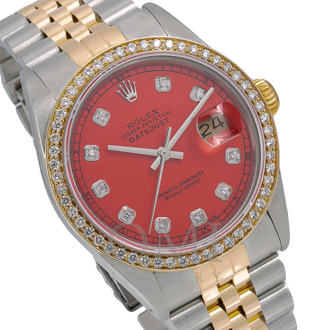 Rolex Datejust Diamond Watch, 16013 36mm, Red Diamond Dial With 1.20 CT Diamonds