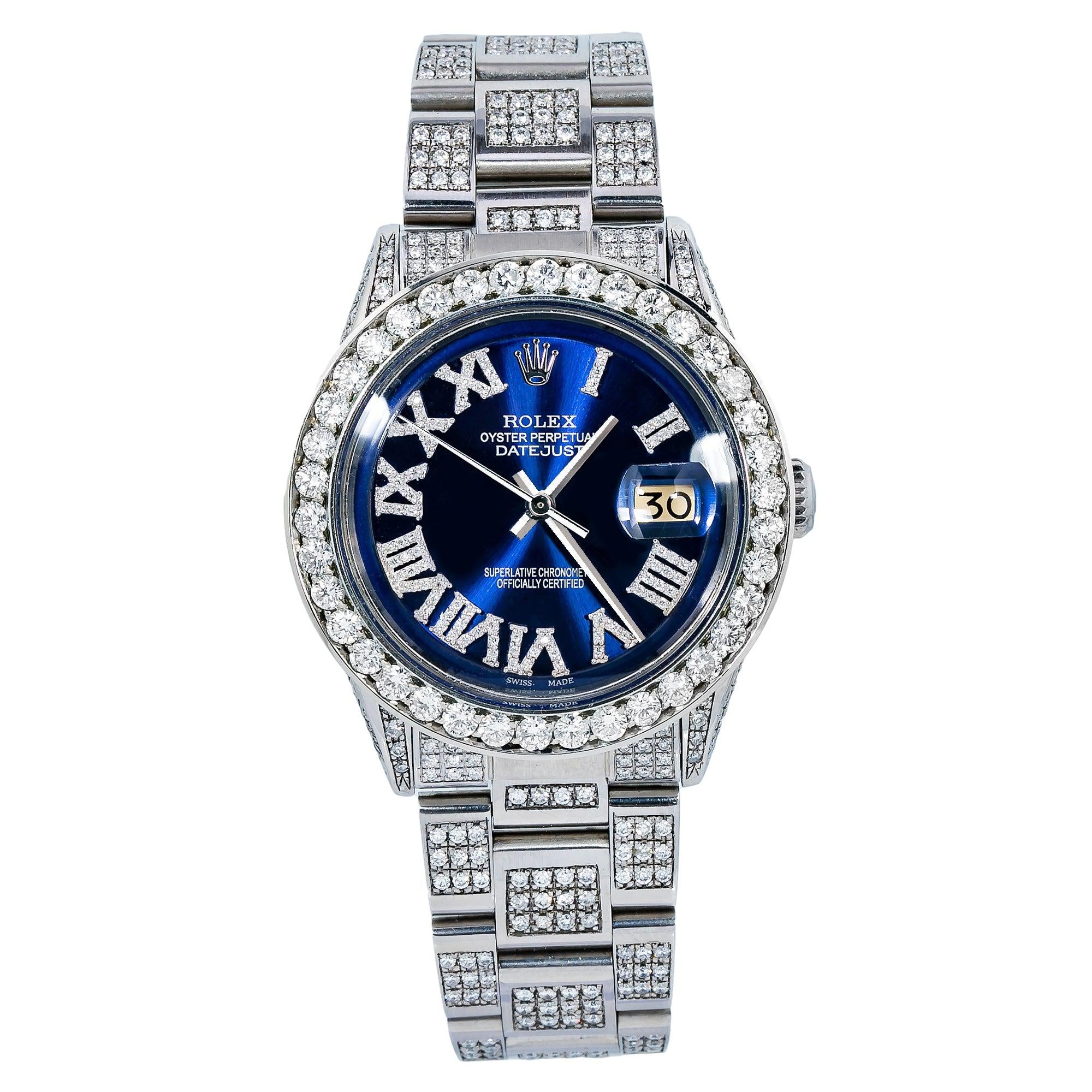 Rolex Datejust 36MM 1601 Blue Roman Dial Diamond Bezel Full Diamond Oyster Bracelet 8.25ct