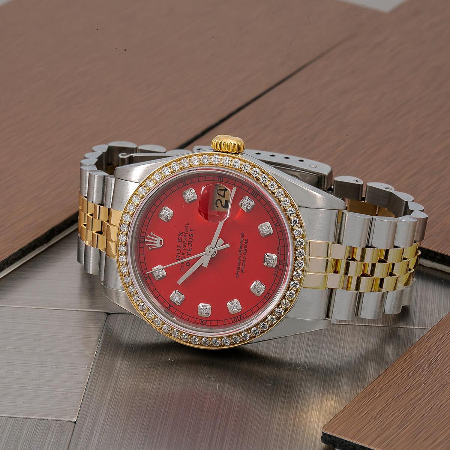 Rolex Datejust 36MM 16013 Red Diamond Dial Diamond Bezel Two Tone Yellow Gold Jubilee Bracelet 1.2ct