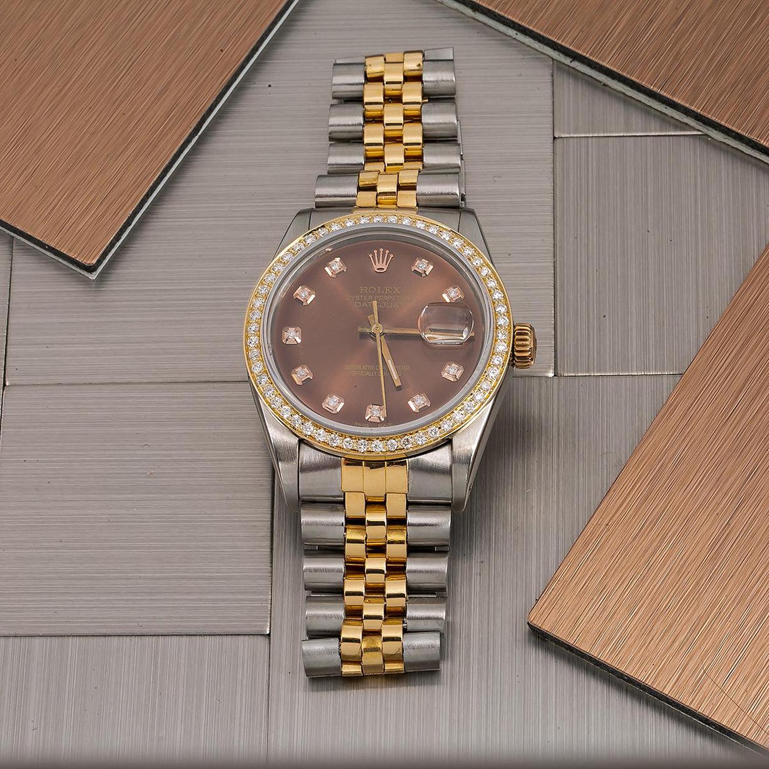Rolex Datejust 36MM 16013 Brown Diamond Dial Diamond Bezel Two Tone Yellow Gold Jubilee Bracelet 1.2ct