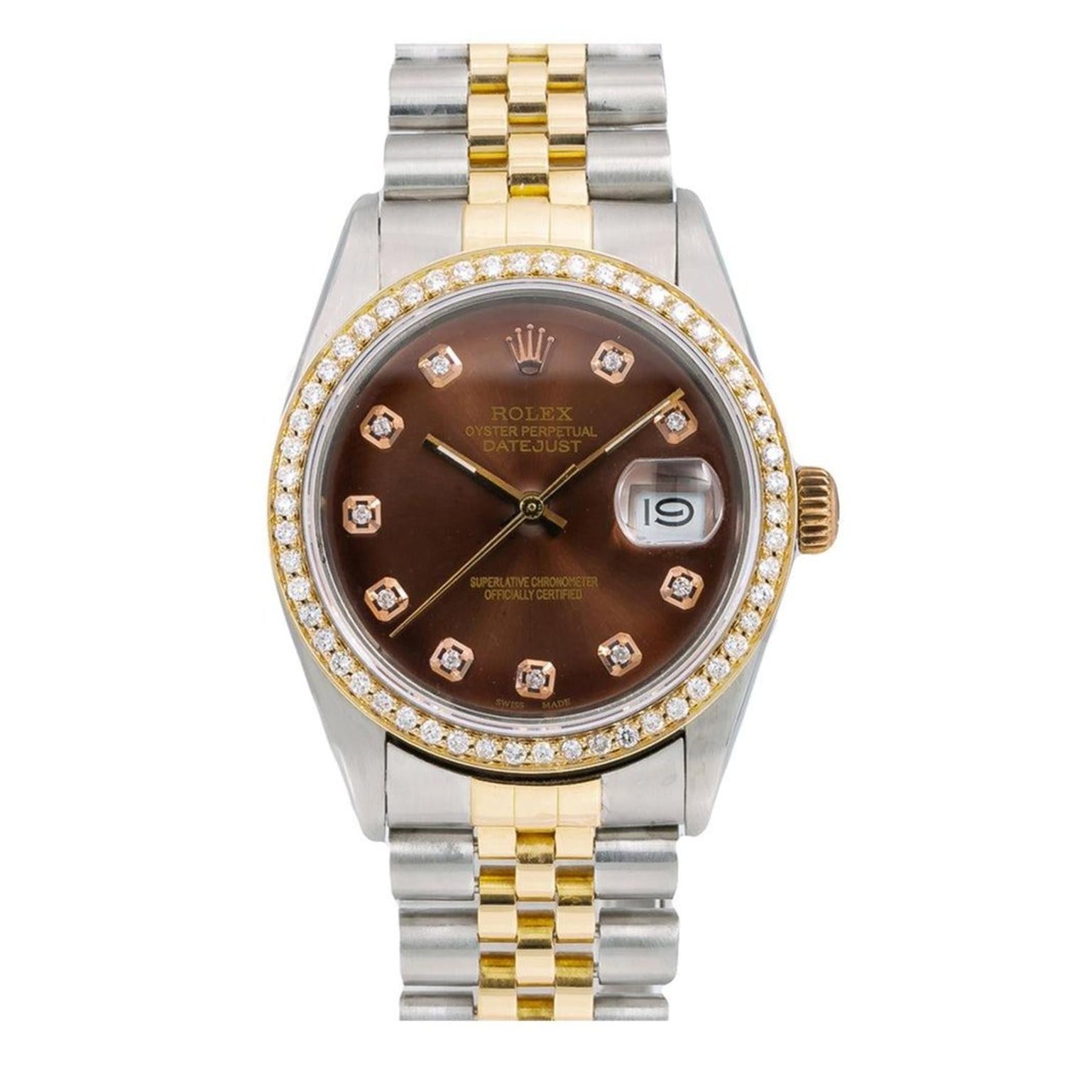 Rolex Datejust 36MM 16013 Brown Diamond Dial Diamond Bezel Two Tone Jubilee Bracelet 1.2ct