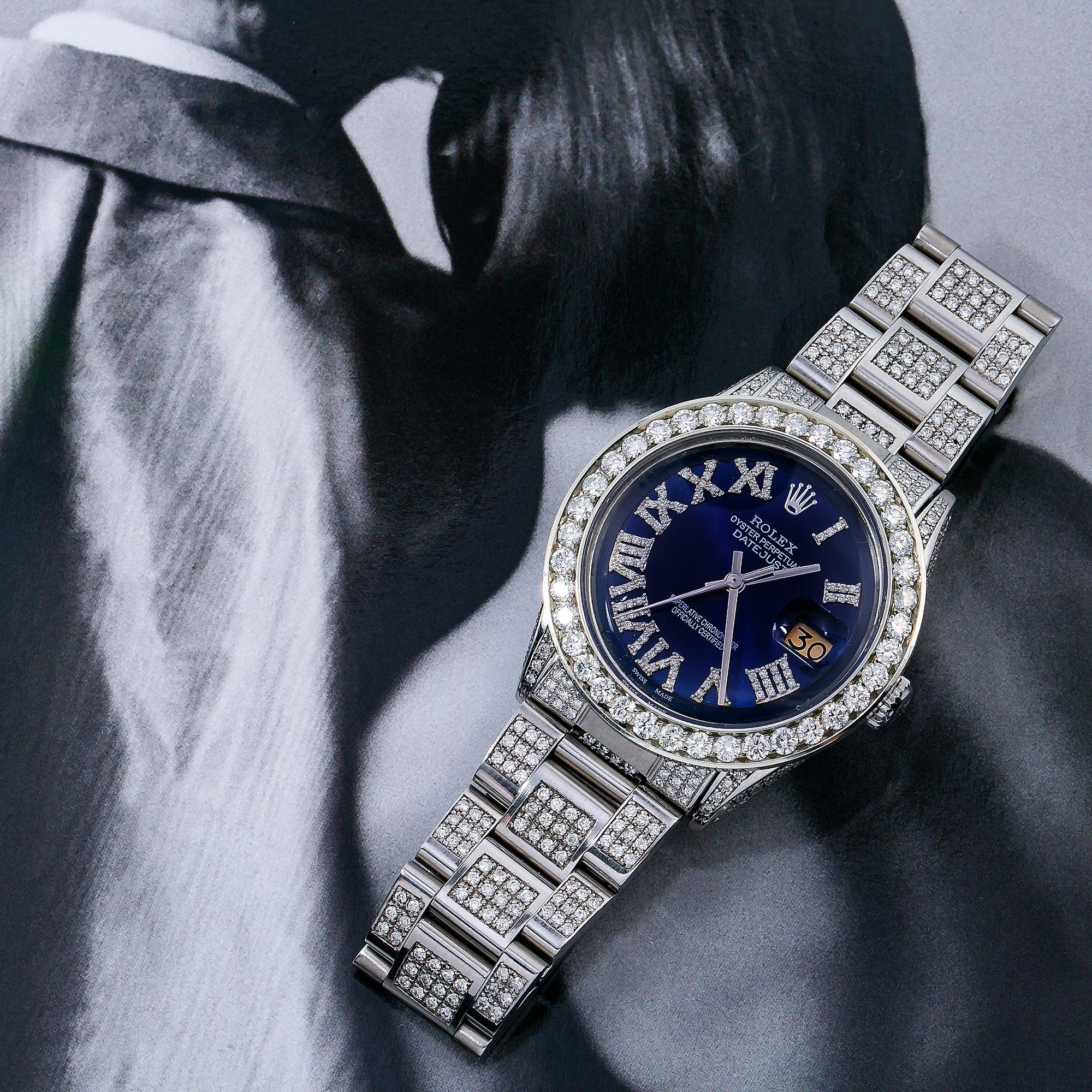 Rolex Datejust 36MM 1601 Blue Roman Diamond Dial Diamond Bezel Stainless Steel Full Diamond Oyster Bracelet 8.25ct