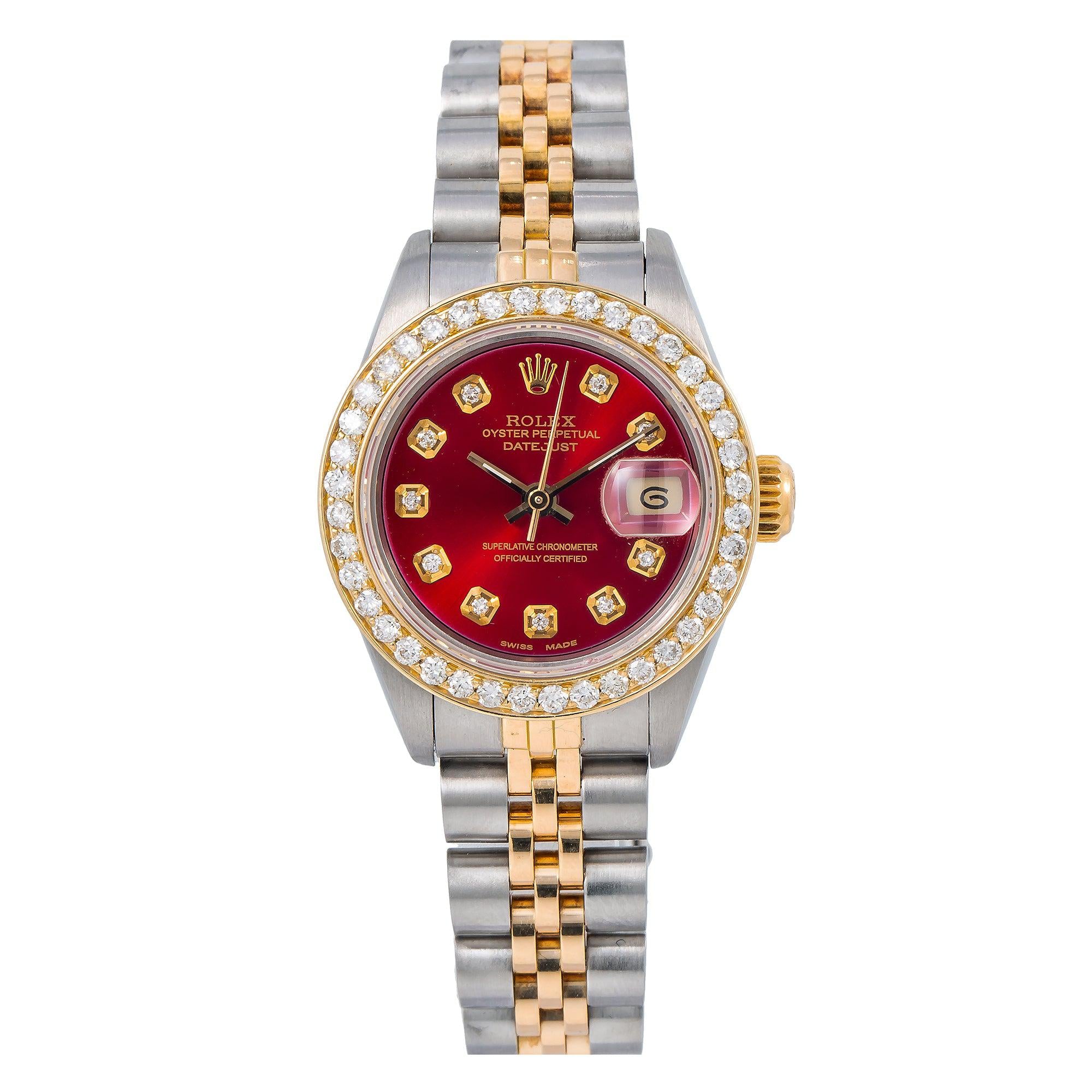 Rolex Datejust 26MM 69173 Red Diamond Dial Diamond Bezel Two Tone Jubilee Bracelet