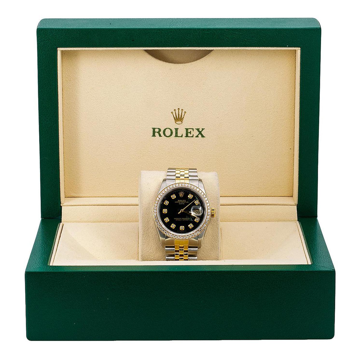 Rolex Datejust 36MM 16013 Black Diamond Dial Diamond Bezel Two Tone Jubilee Bracelet 1.2ct