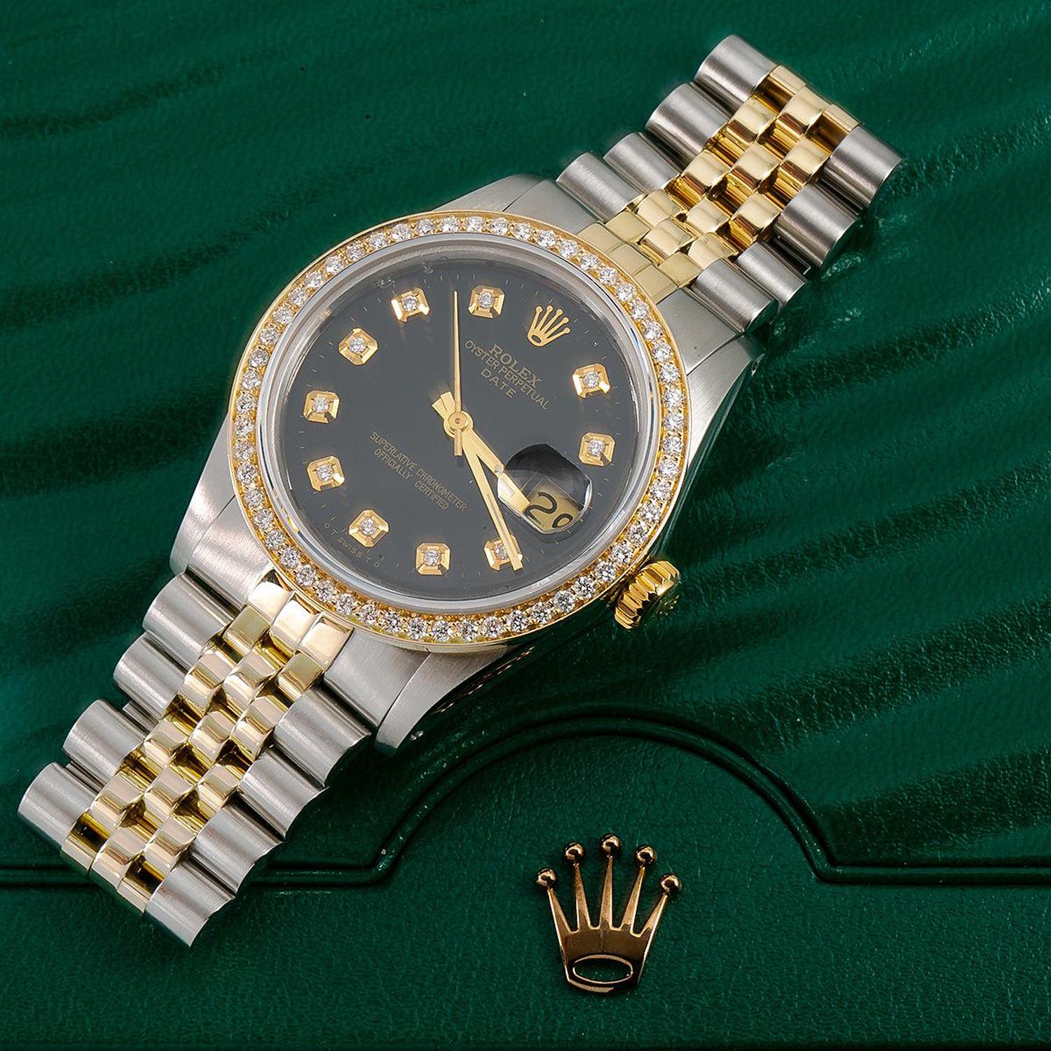 Rolex Datejust 36MM 16013 Black Diamond Dial Diamond Bezel Two Tone Jubilee Bracelet 1.2ct
