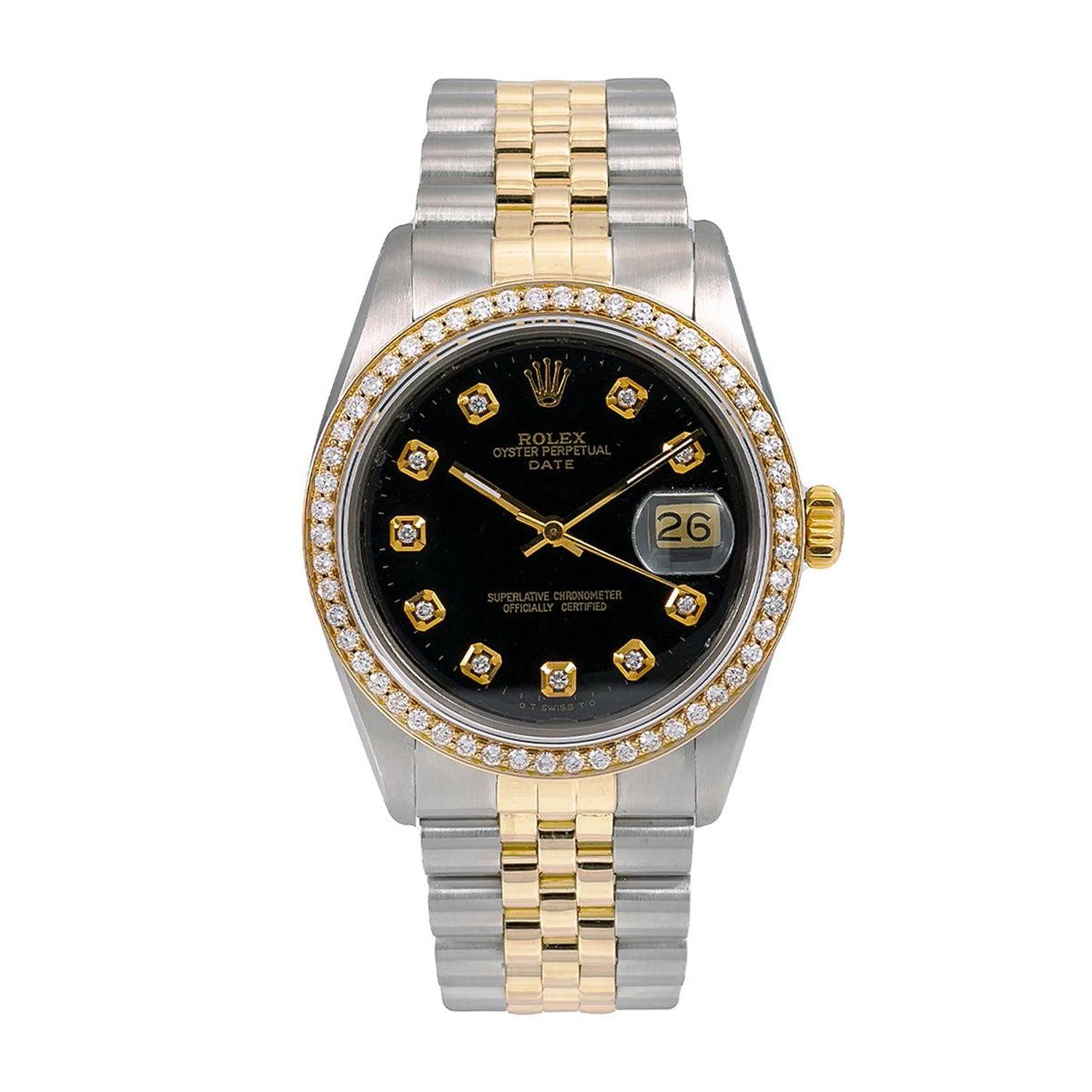 Rolex Datejust 36MM 16013 Black Diamond Dial Diamond Bezel Two Tone Jubilee Bracelet 1.2ct