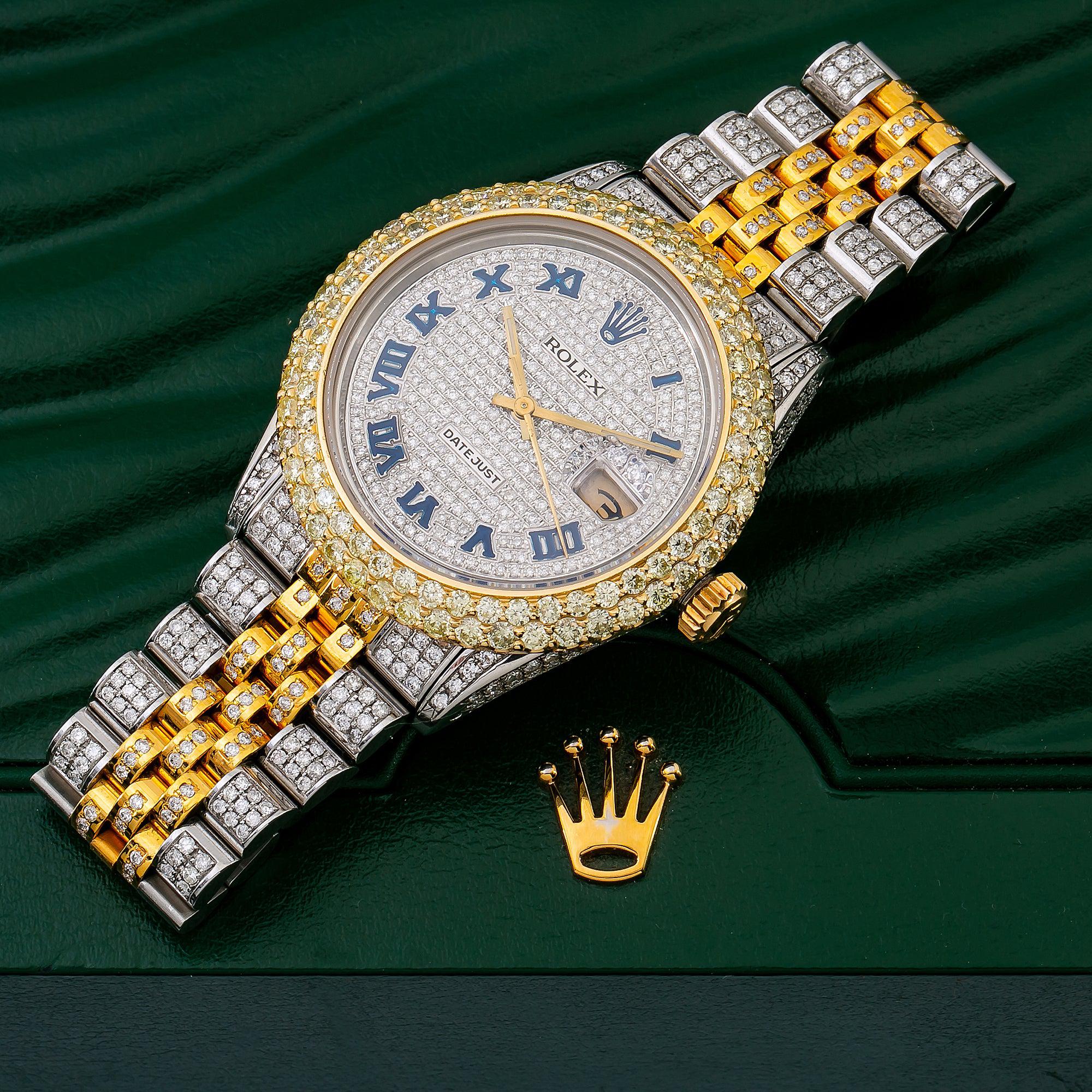 Rolex Datejust 36MM 16013 Diamond Paved Blue Roman Dial Diamond Bezel Two Tone Yellow Gold Full Diamond Jubilee Bracelet 9.35ct