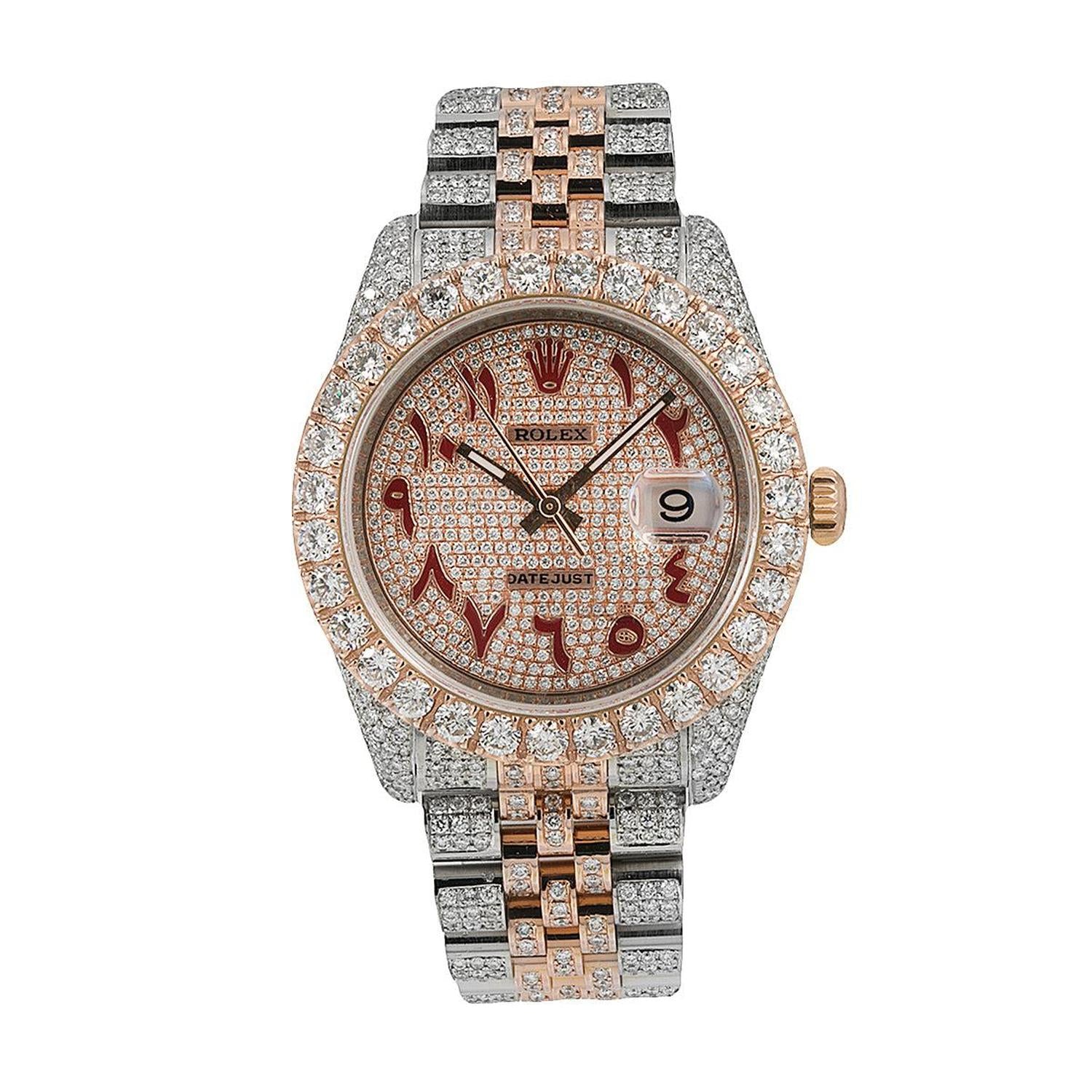 Rolex Datejust 36MM 116231 Diamond Paved Red Eastern Arabic Dial Diamond Bezel Two Tone Full Diamond Jubilee Bracelet 17.25ct