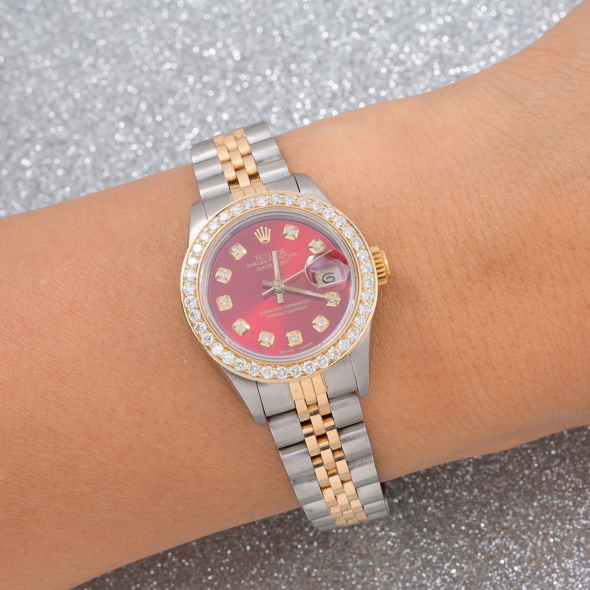 Rolex Datejust 26MM 69173 Red Diamond Dial Diamond Bezel Two Tone Yellow Gold Jubilee Bracelet