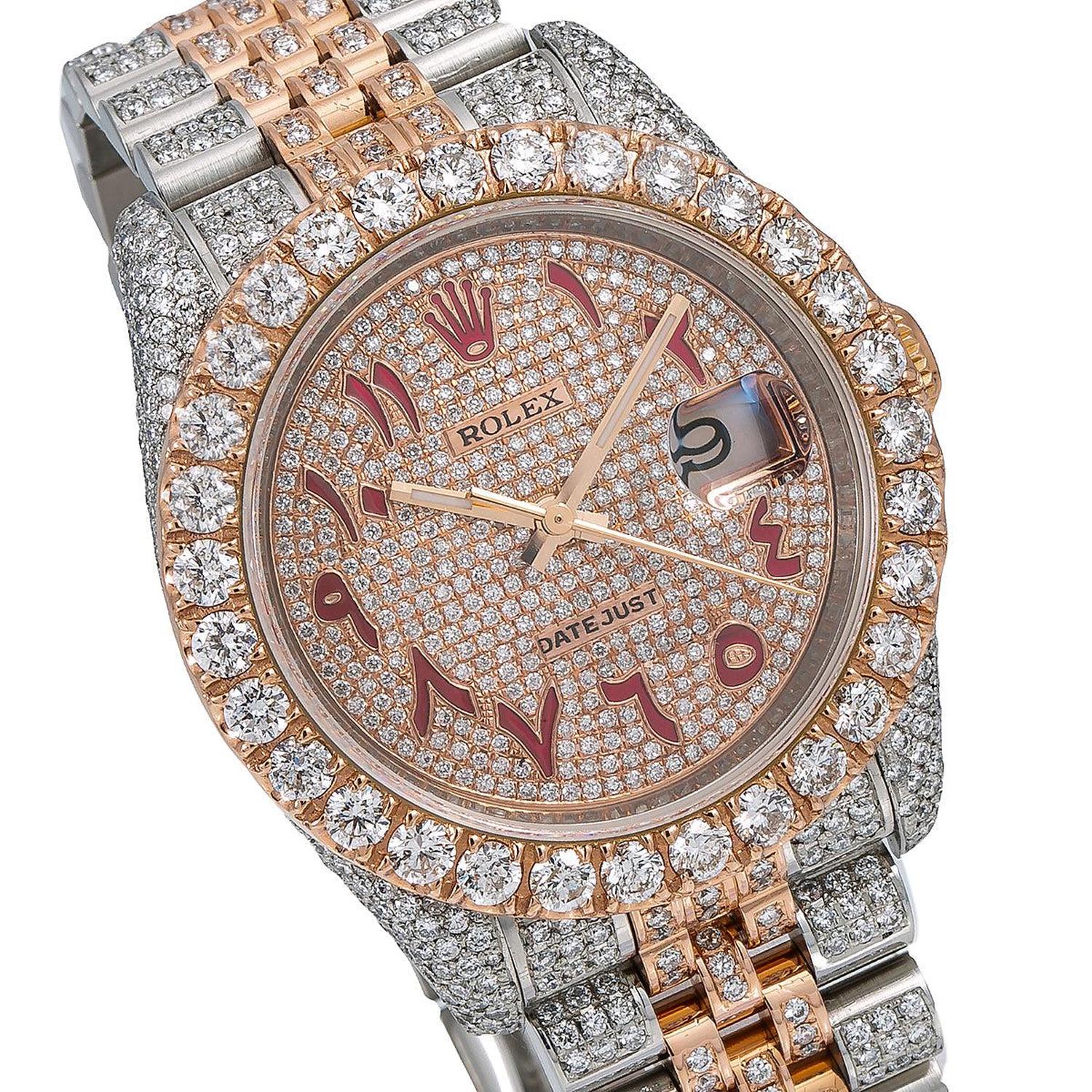 Rolex Datejust 36MM 116231 Diamond Paved Red Eastern Arabic Dial Diamond Bezel Two Tone Rose Gold Full Diamond Jubilee Bracelet 17.25ct