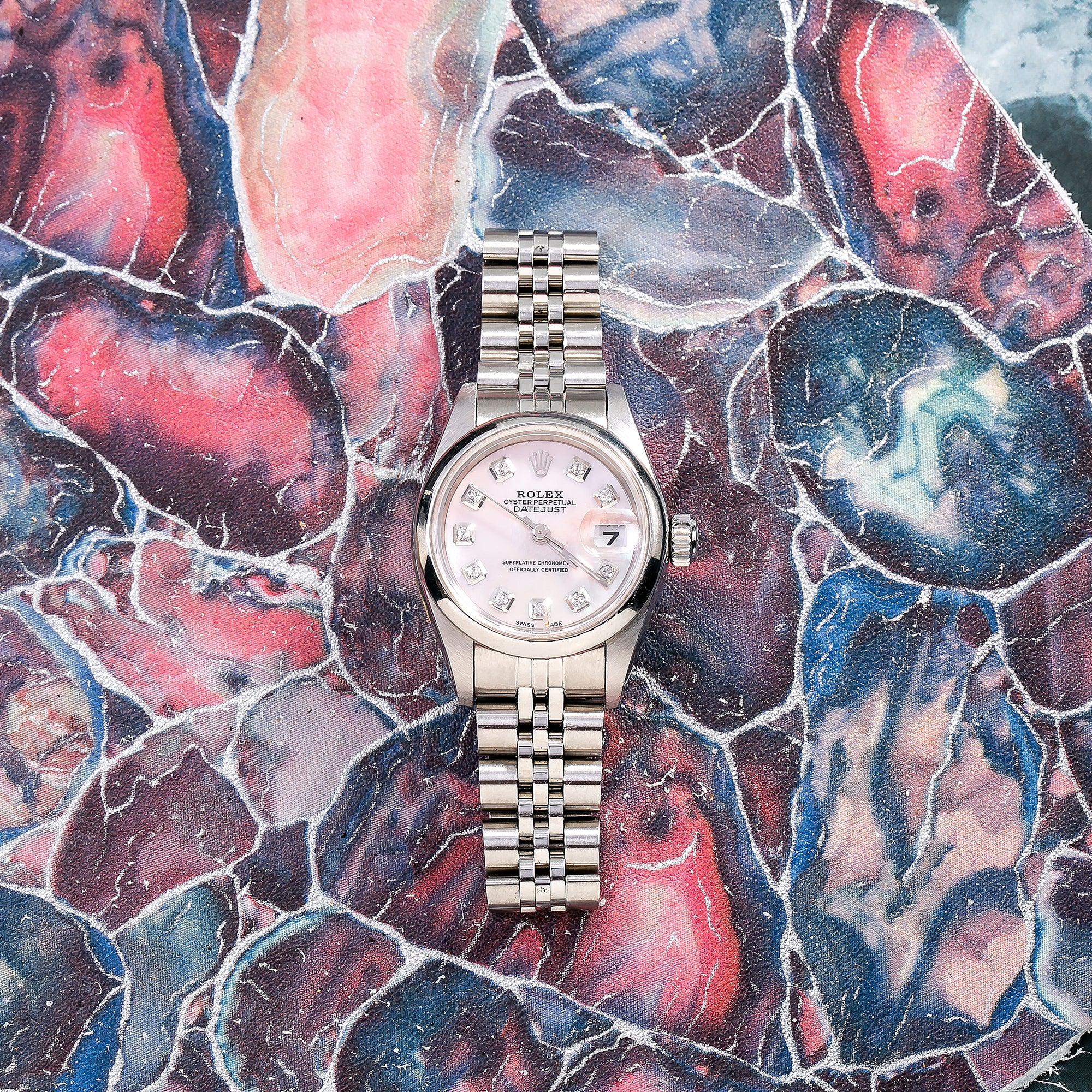Rolex Datejust 26MM 6916 Pink Mother of Pearl Diamond Dial Smooth Bezel Stainless Steel Jubilee Bracelet