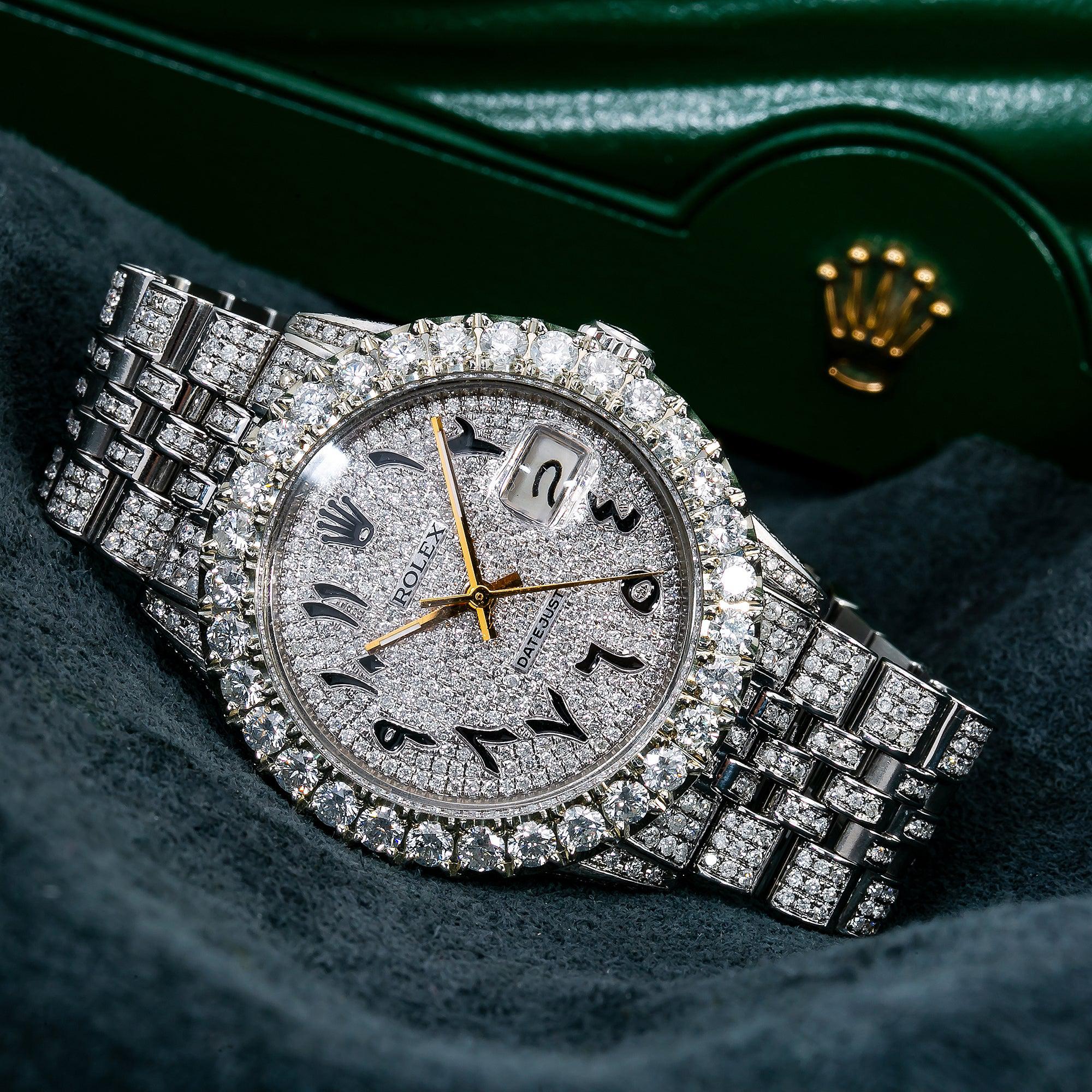 Rolex Datejust 36MM 16030 Diamond Paved Eastern Arabic Dial Diamond Bezel Stainless Steel Full Diamond Jubilee Bracelet 8.75ct
