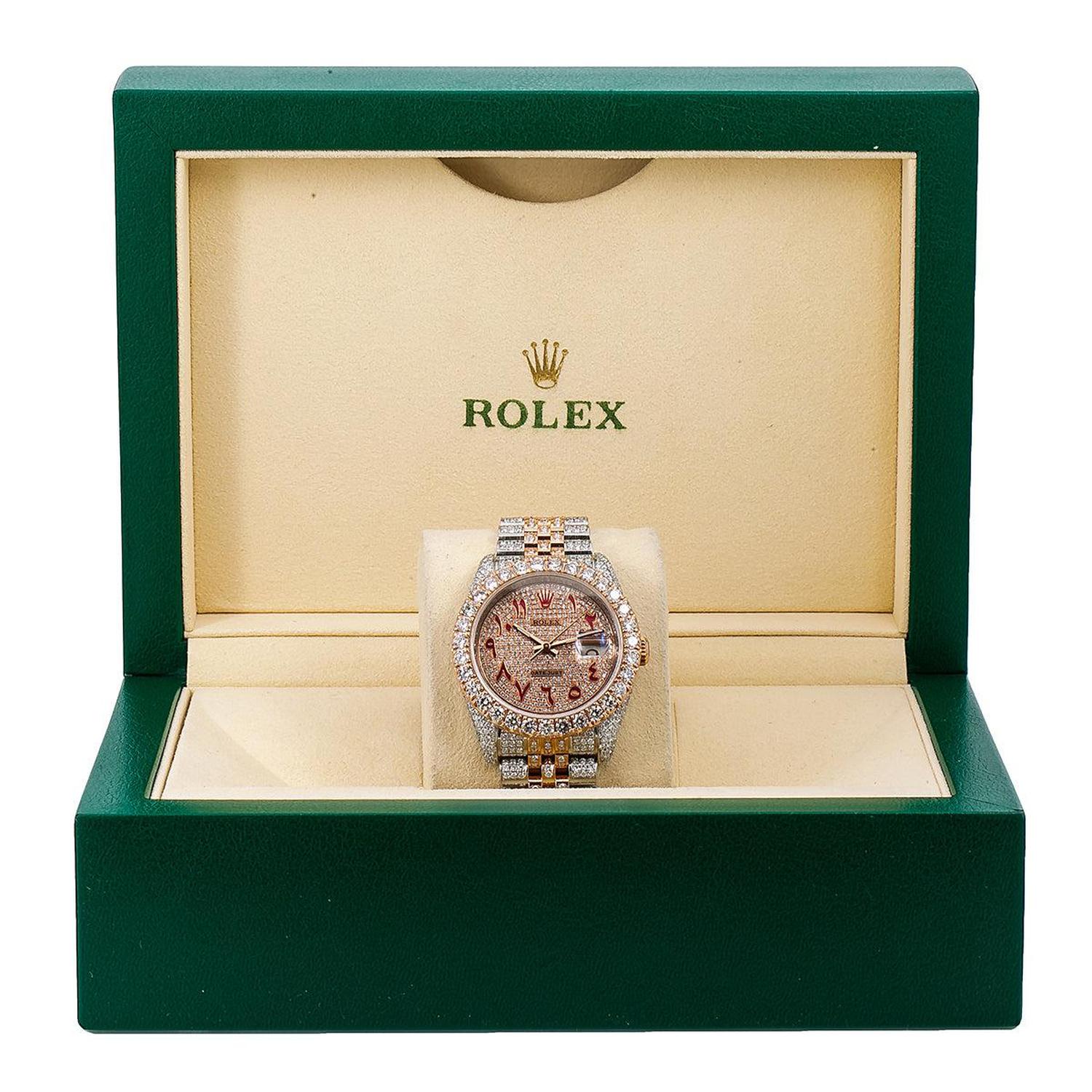 Rolex Datejust 36MM 116231 Diamond Paved Red Eastern Arabic Dial Diamond Bezel Two Tone Rose Gold Full Diamond Jubilee Bracelet 17.25ct