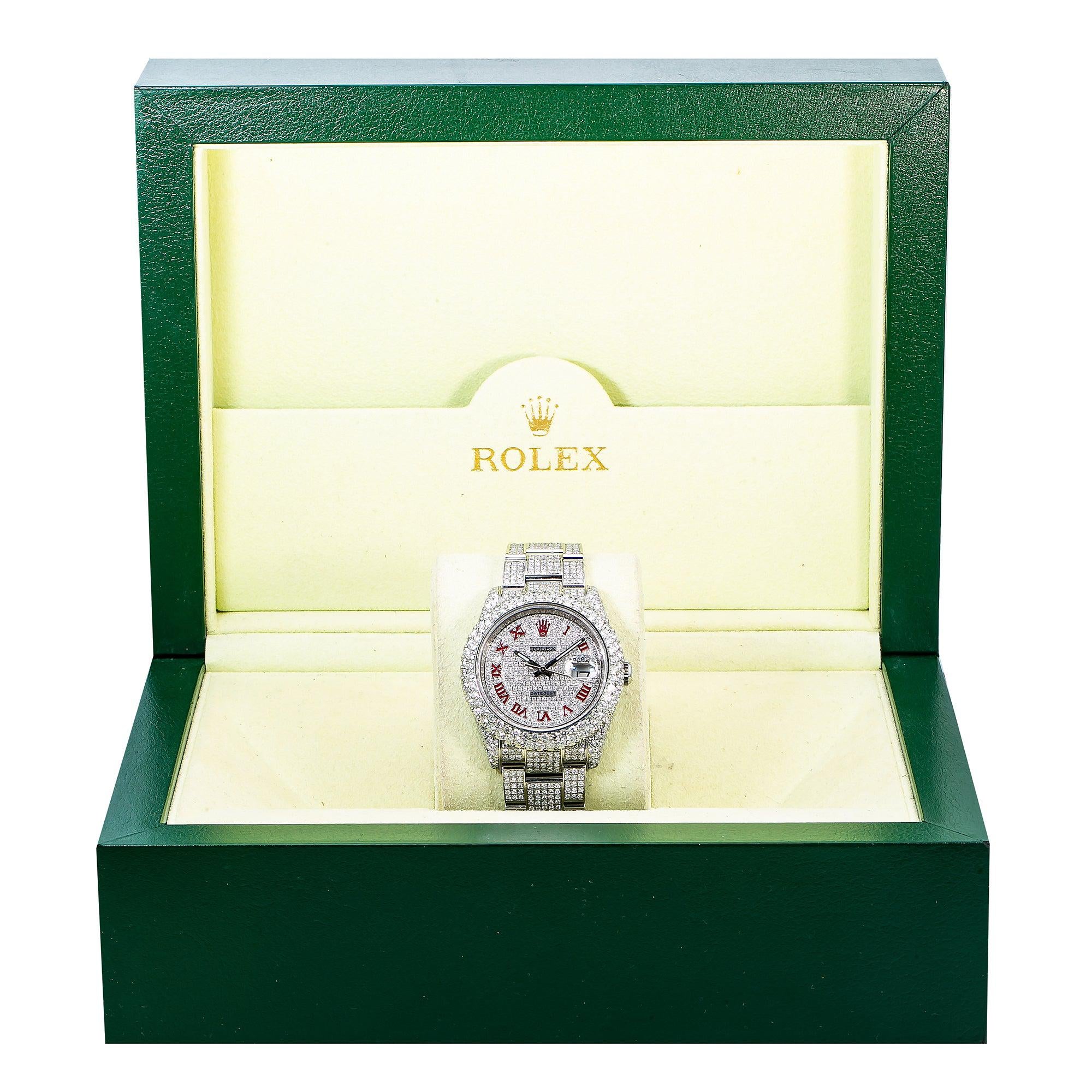 Rolex Datejust 36MM 116200 Diamond Paved Red Roman Dial Diamond Bezel Stainless Steel Full Diamond Oyster Bracelet 11.25ct
