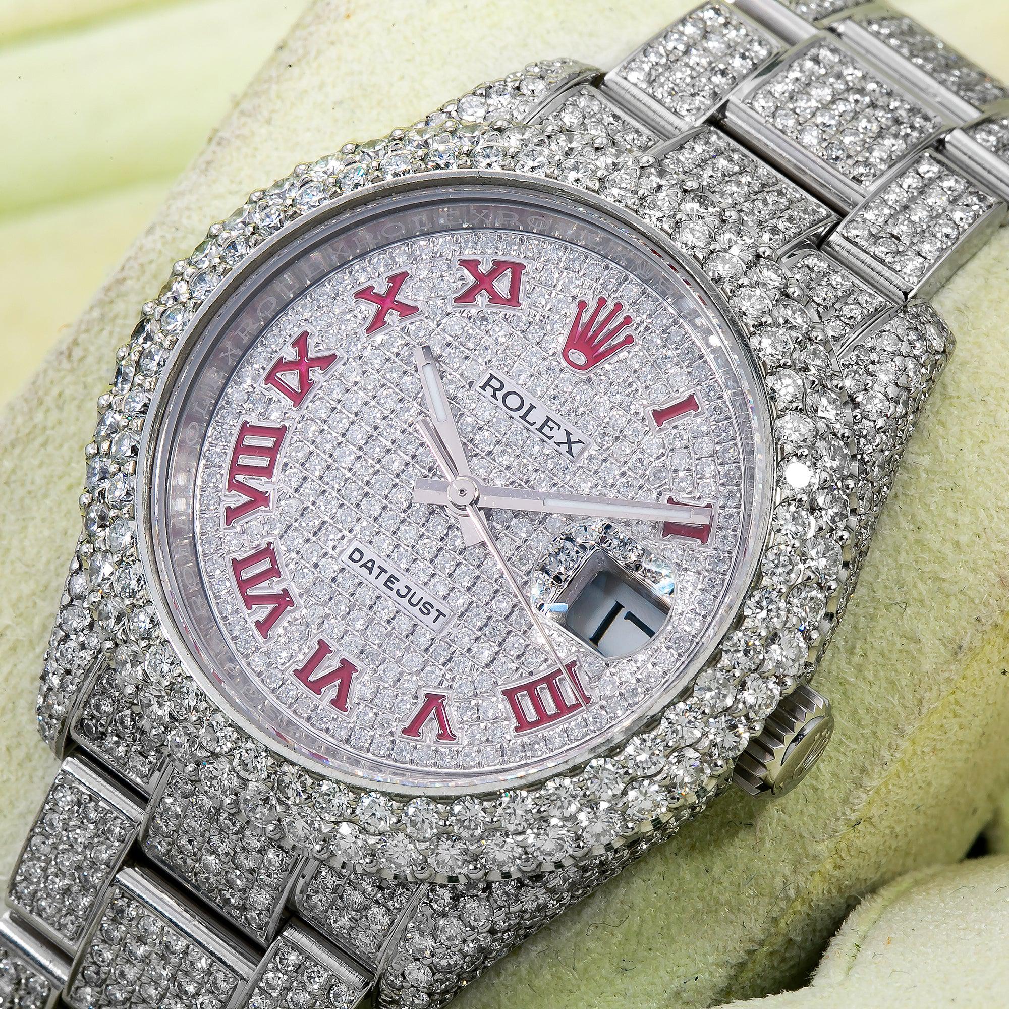 Rolex Datejust 36MM 116200 Diamond Paved Red Roman Dial Diamond Bezel Stainless Steel Full Diamond Oyster Bracelet 11.25ct