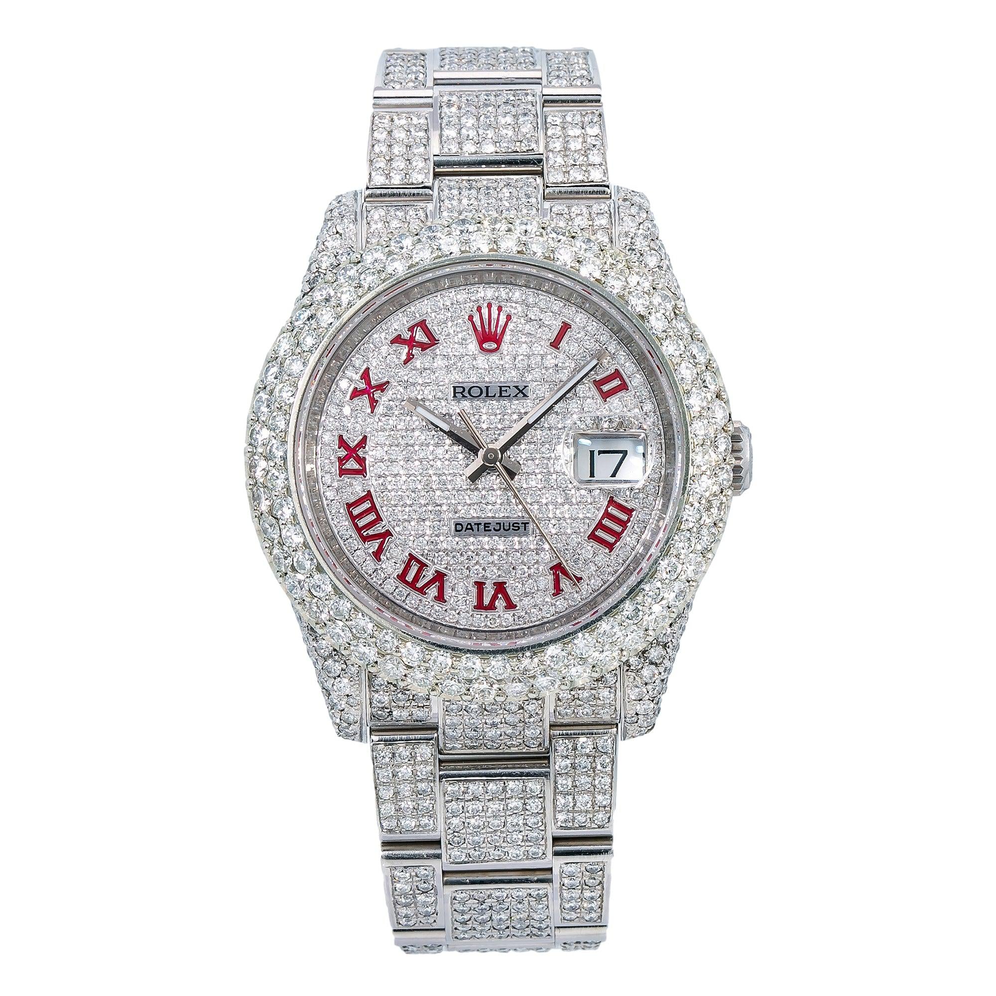 Rolex Datejust 36MM 116200 Diamond Paved Red Roman Dial Diamond Bezel Full Diamond Oyster Bracelet 11.25ct