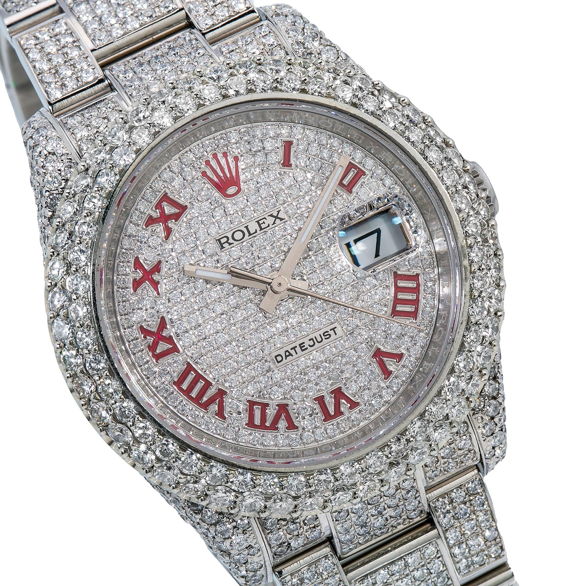 Rolex Datejust 36MM 116200 Diamond Paved Red Roman Dial Diamond Bezel Stainless Steel Full Diamond Oyster Bracelet 11.25ct