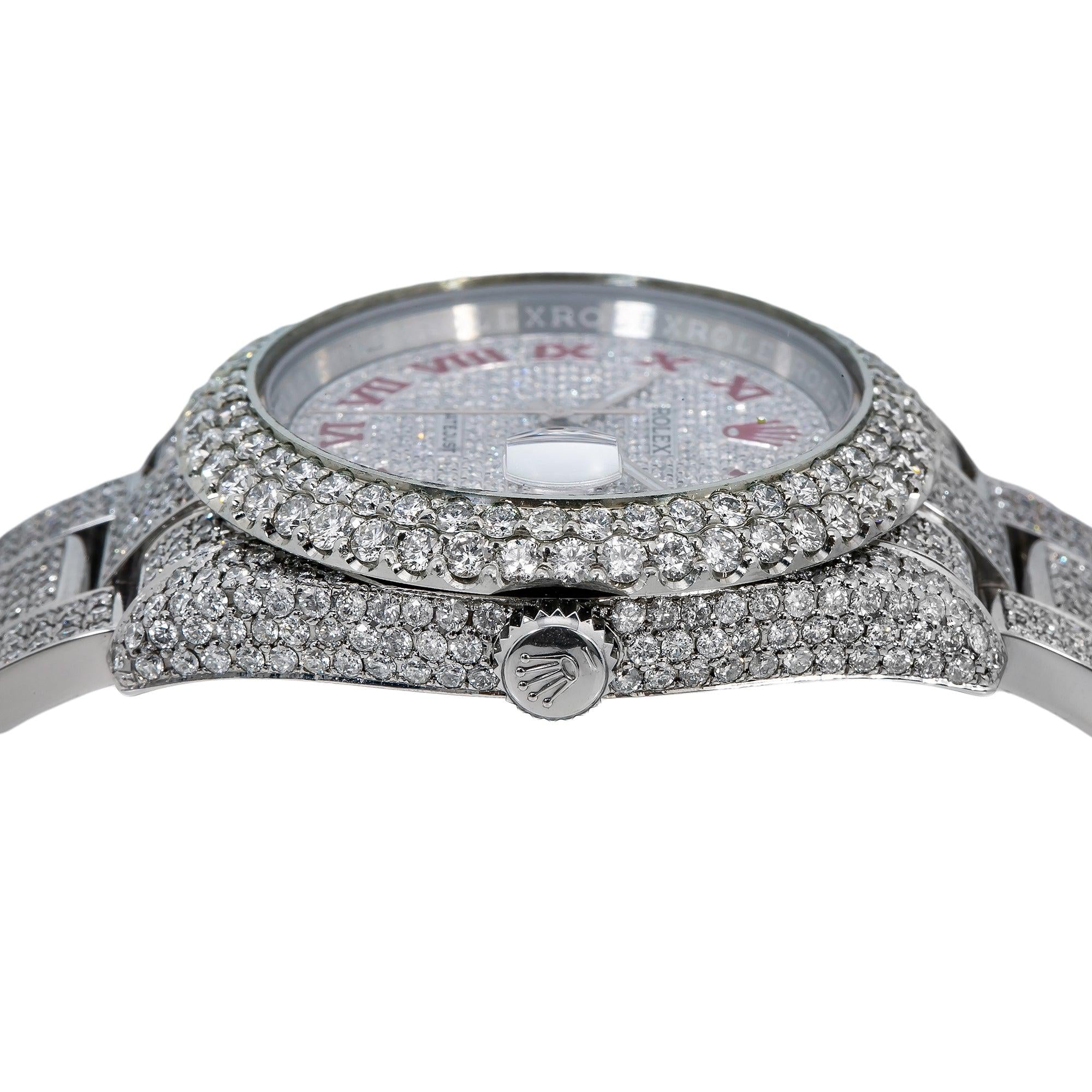 Rolex Datejust 36MM 116200 Diamond Paved Red Roman Dial Diamond Bezel Stainless Steel Full Diamond Oyster Bracelet 11.25ct