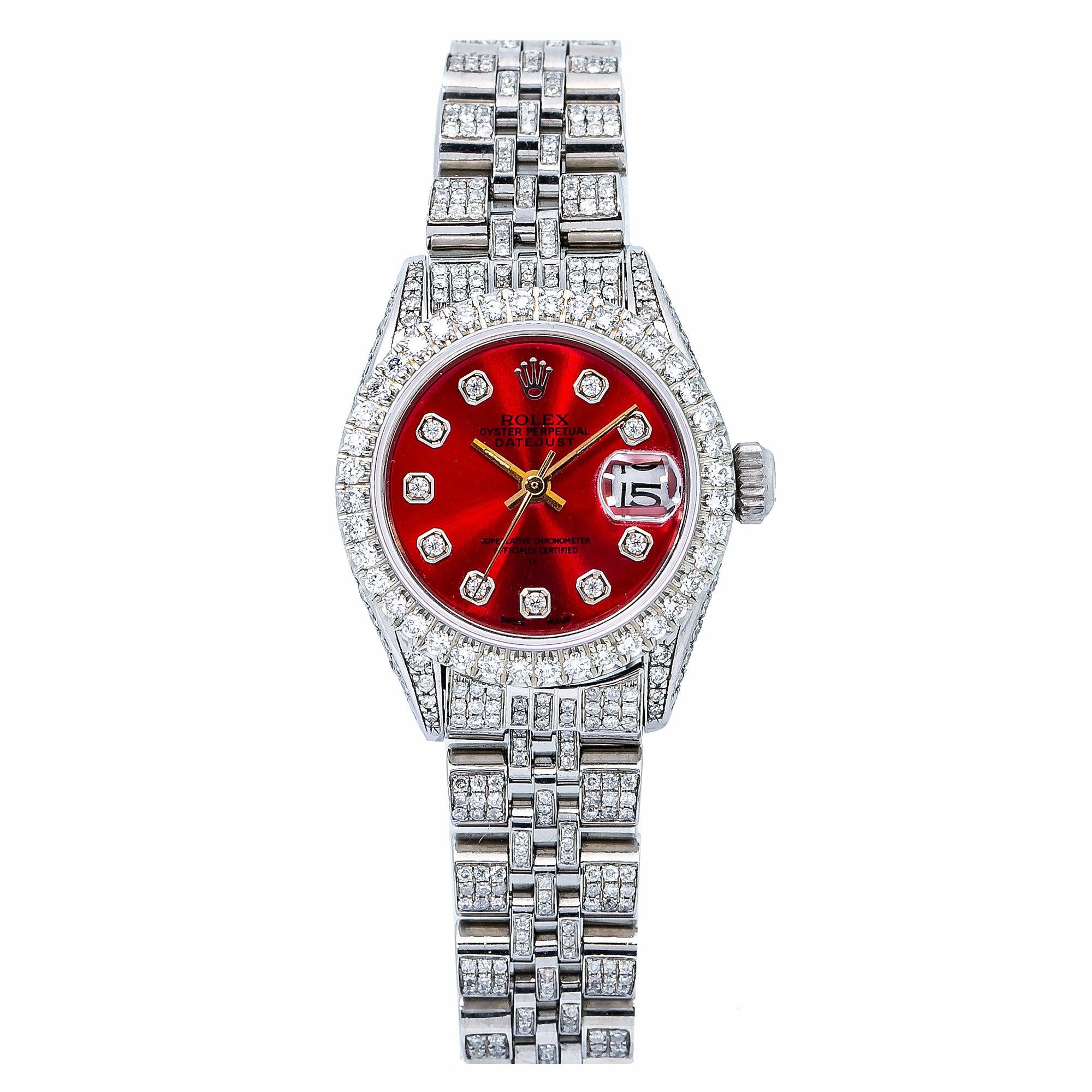 Rolex Datejust 26MM 6916 Red Diamond Dial Diamond Bezel Full Diamond Oyster Bracelet